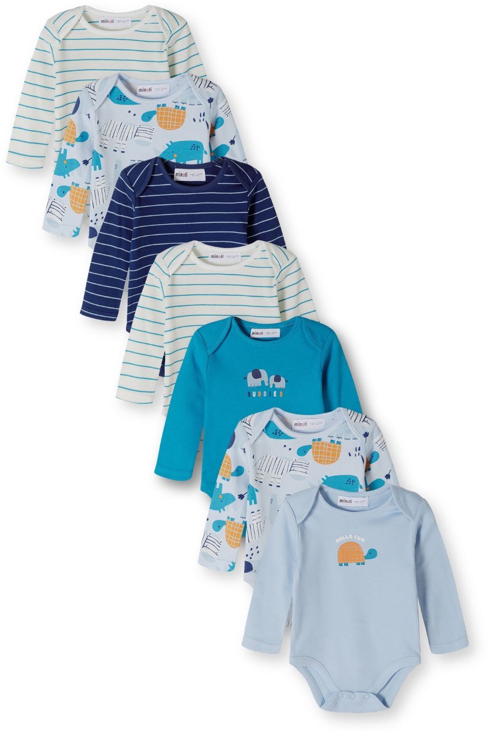 Minoti rompertjes lange mouw – olifanten en zebra's – 7-pack – blauw en wit