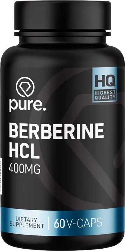 Zwarte pot Pure Berberine HCL supplement, 400mg, 60 plantaardige capsules, met blauwe 'Highest Quality' accenten.