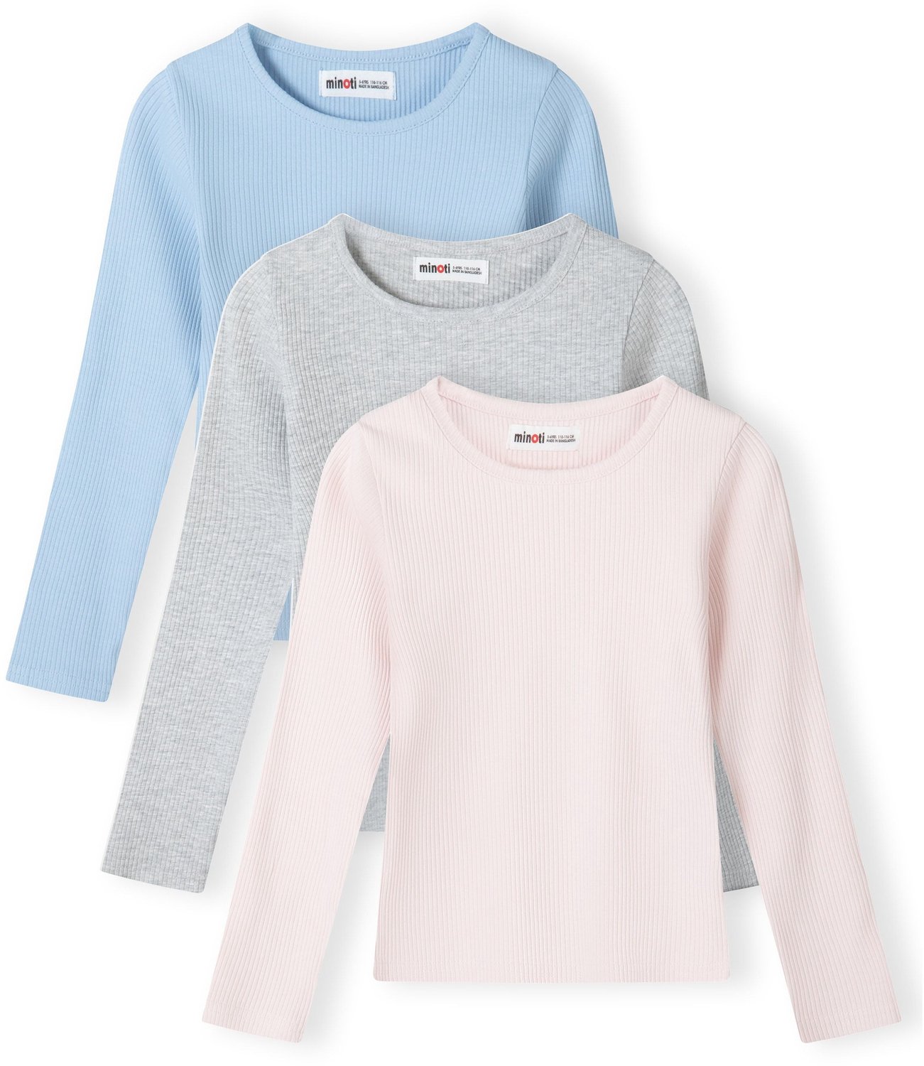 Minoti longsleeve meisjes – rib met ronde hals – 3-pack – roze, grijs en blauw