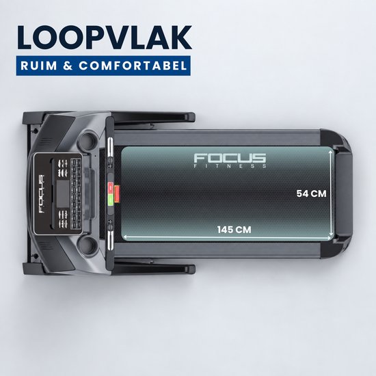 Bovenaanzicht van het loopvlak van de Focus Fitness Jet 9 iPlus met afmetingen van 145 cm bij 54 cm.