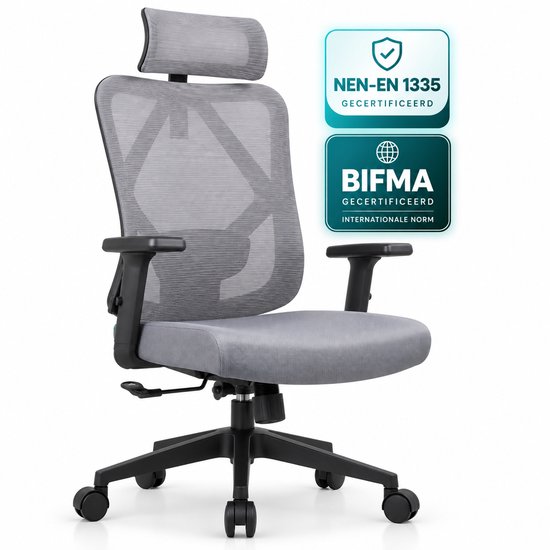 Grijze bureaustoel op wielen met NEN-EN 1335 en BIFMA certificering voor kwaliteit.
