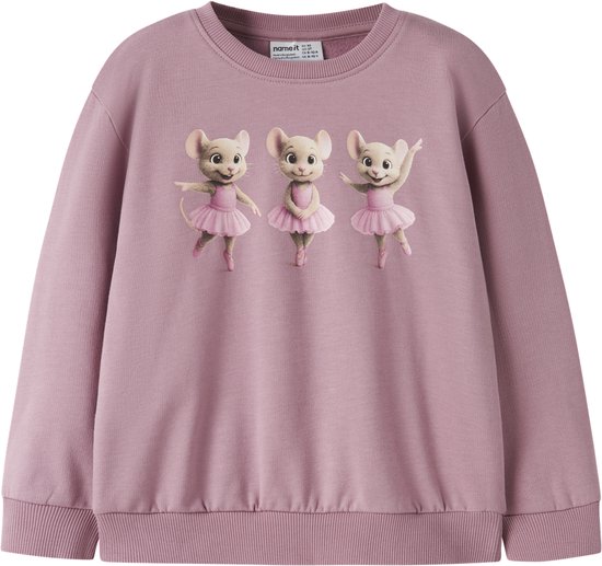 Roze sweatshirt met lange mouwen en een print van drie dansende muisjes in tutu's.