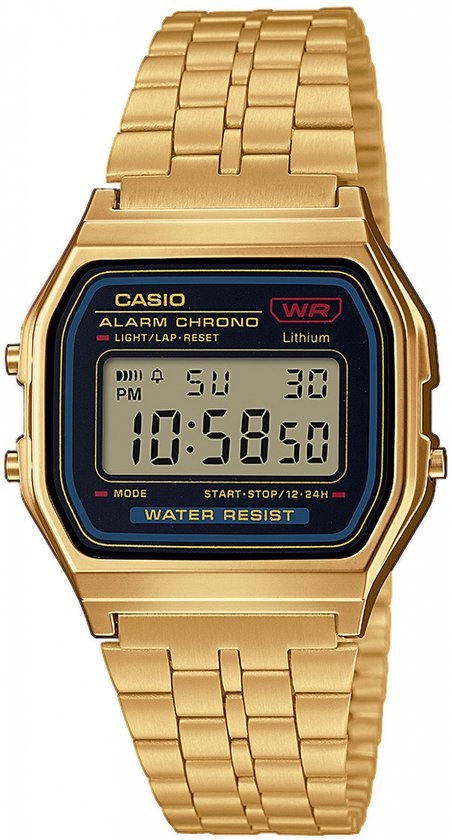 Casio A159WGE horloge met goudkleurige kast, digitaal display en goudkleurige metalen schakelband.
