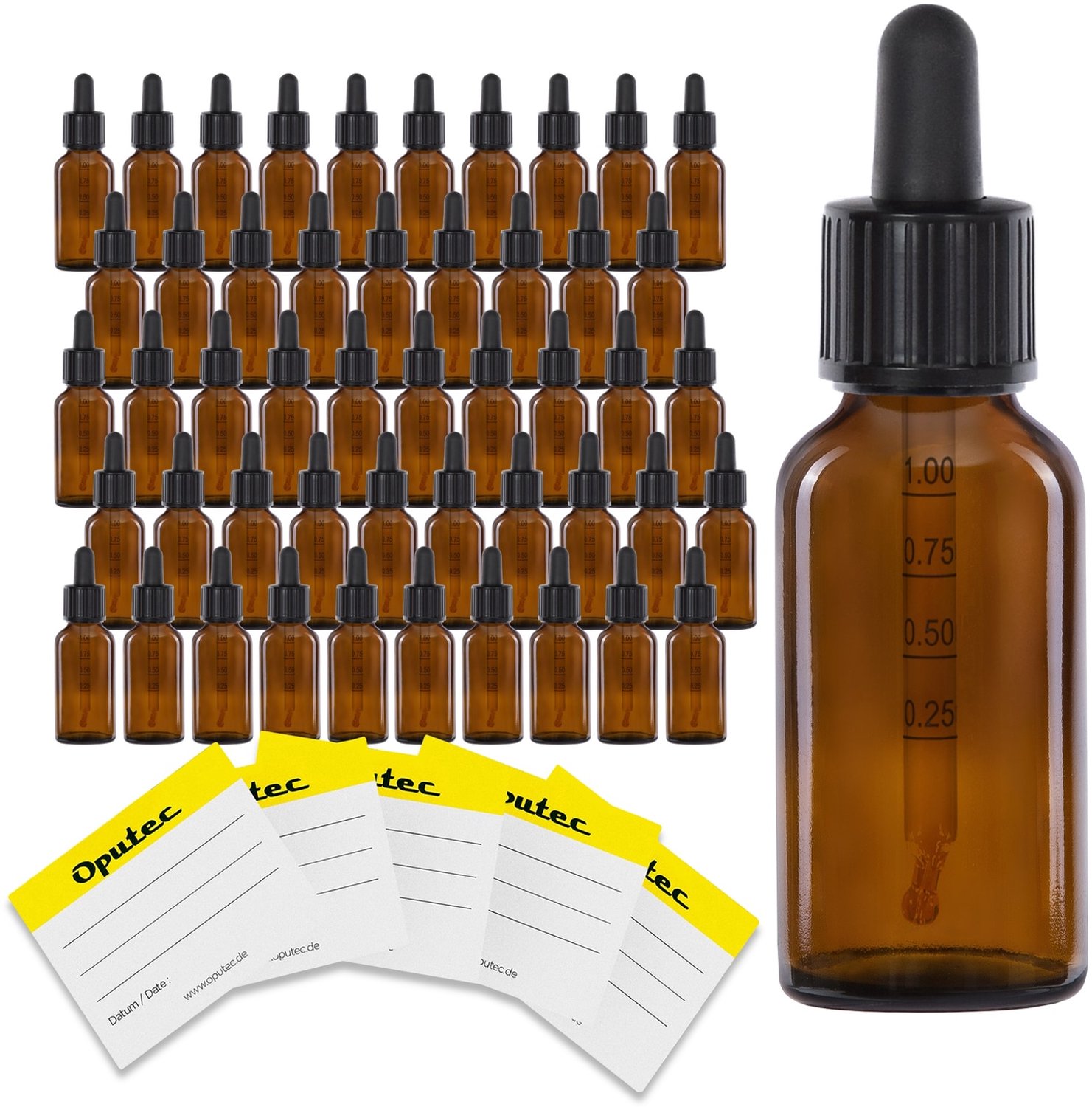 Oputec 50x 30 ml pipetflesjes van bruin glas – doseerflesjes met glazen pipet met schaalverdeling