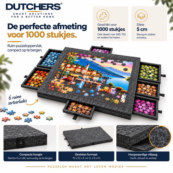 Grijze vilt puzzeltafel van 75x52x5 cm met 6 sorteerlades voor 1000 puzzelstukjes.