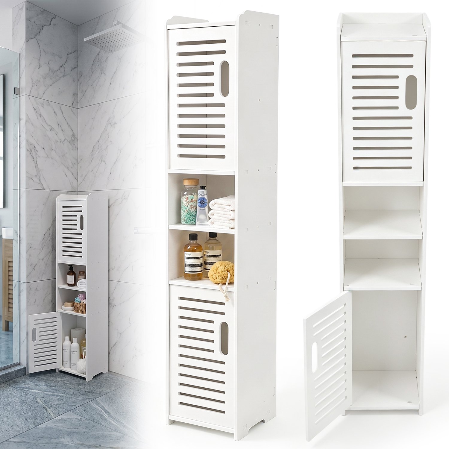 Badkamerkast Smal - Badkamerkastje Hoog - Verticale Opbergkast - Vrijstaande Kolomkast - 97x20x18cm - Vochtbestendig & Slijtvast - 4 Lagen - Toiletartikelen - Ruimtebesparende Opbergkast - Voor Smalle Ruimtes
