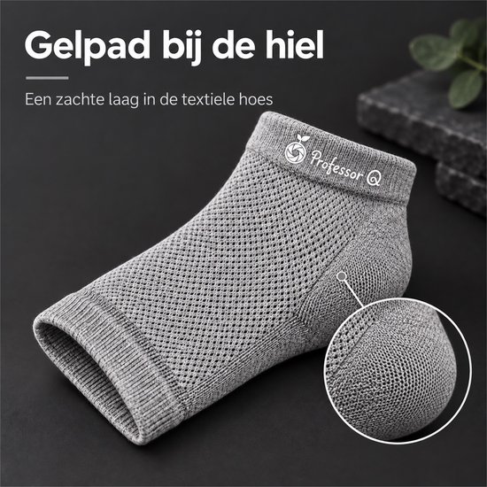 Grijze Professor Q hielbeschermer met ingebouwde gelpad bij de hiel. Tekst: Gelpad bij de hiel.
