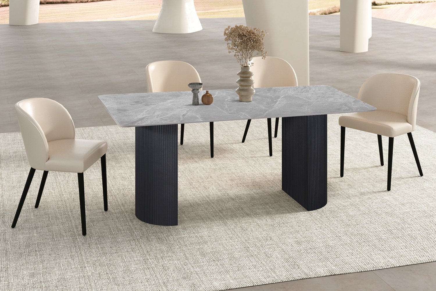 Lousa Eettafel – 180 x 90 cm – Glanzend Grijs Stenen Blad met Marmerlook – Zwarte Geribbelde Poten