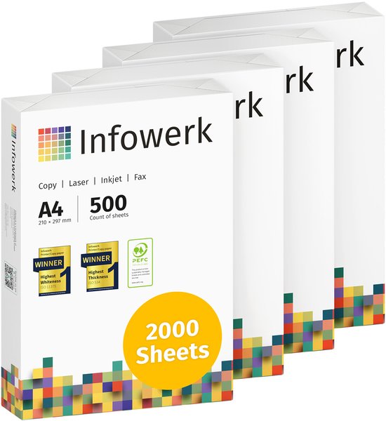 Set van vier pakken Infowerk A4-papier, totaal 2000 vellen, verpakt in wit met een kleurrijk blokpatroon.