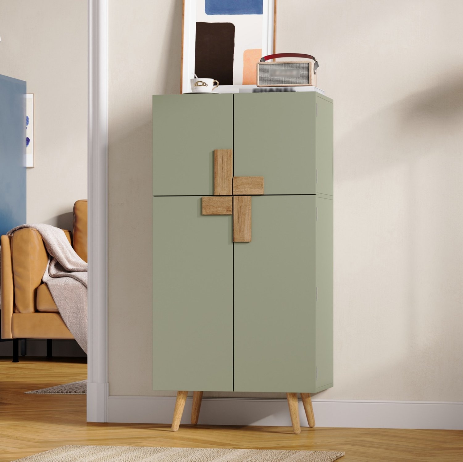 MIVRAY Keukenkast - Hoge Opbergkast Met Vier Deuren En Verstelbare Planken - Voor Keuken Woonkamer En Eetkamer - MDF - Groen - 60x35x120 Cm