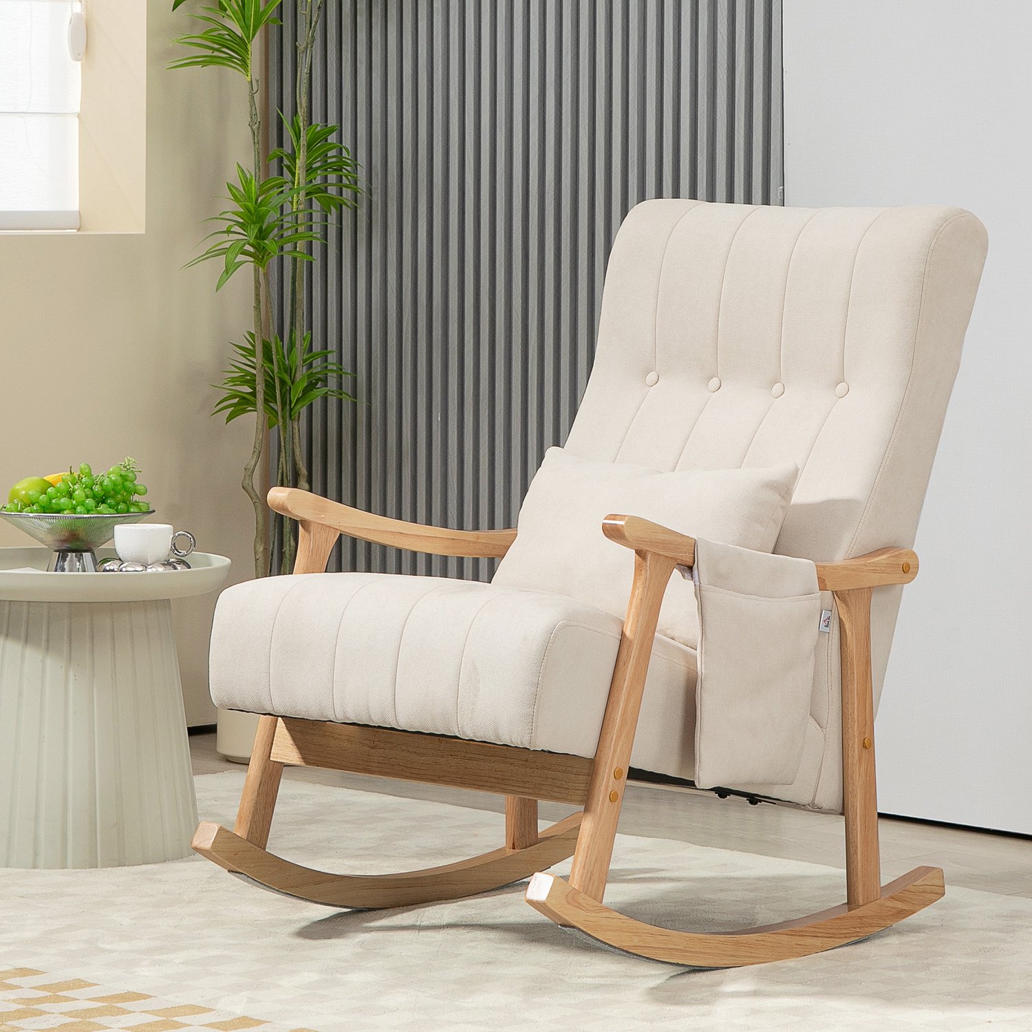 MUVANO Fauteuil à bascule en tissu - Chaise à bascule en bois d'hévéa - Confort optimal fauteuil à bascule - Fonctionnement silencieux - 65L x 90P x 98H cm - Salon - Beige
