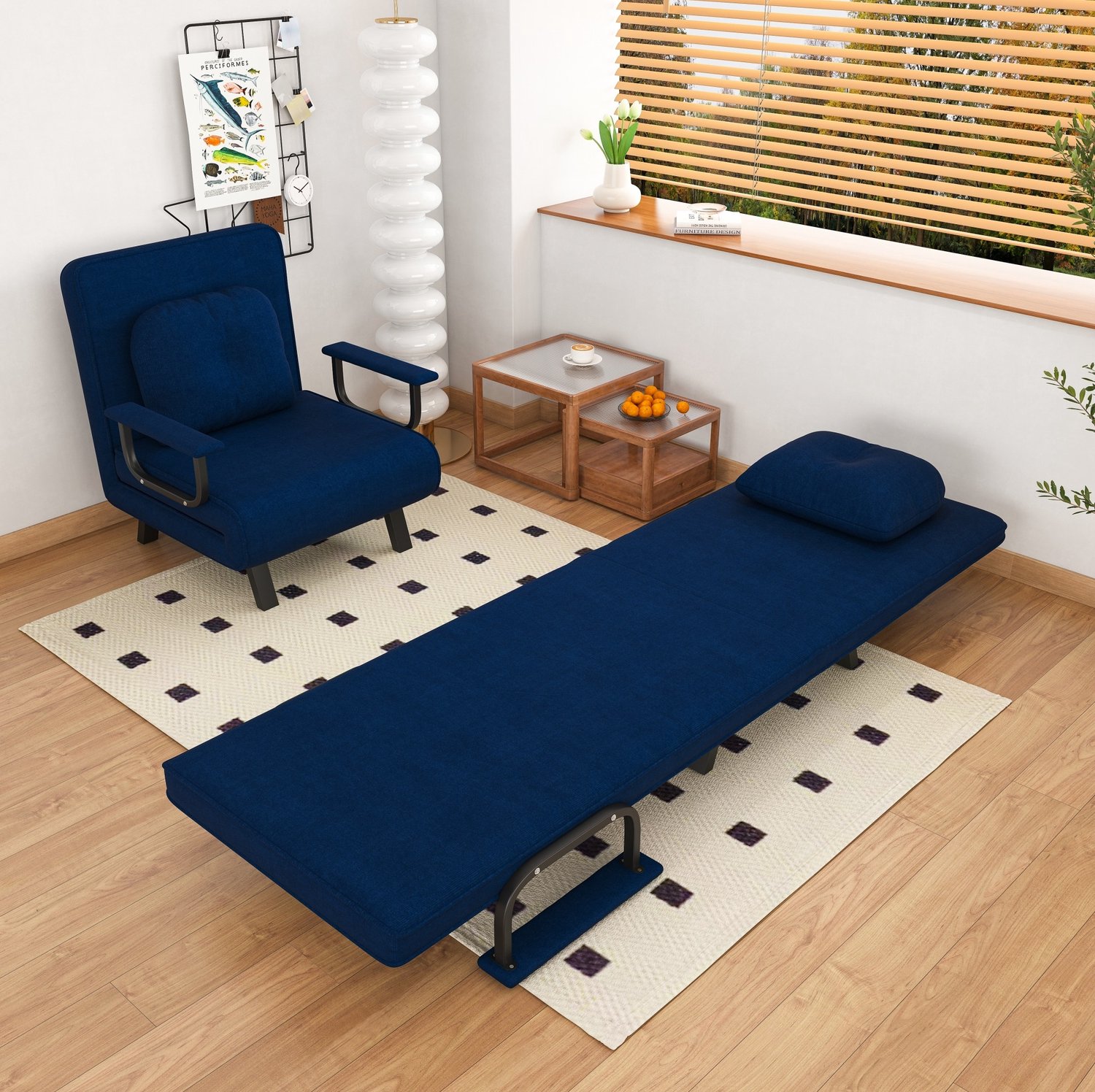 OKWISH Relaxfauteuil 60 x 60 cm - Vijfvoudig Verstelbare Rugleuning Met Ligfunctie Tot 180 Graden - Voor Woonkamer Of Slaapkamer - Chenille - Blauw