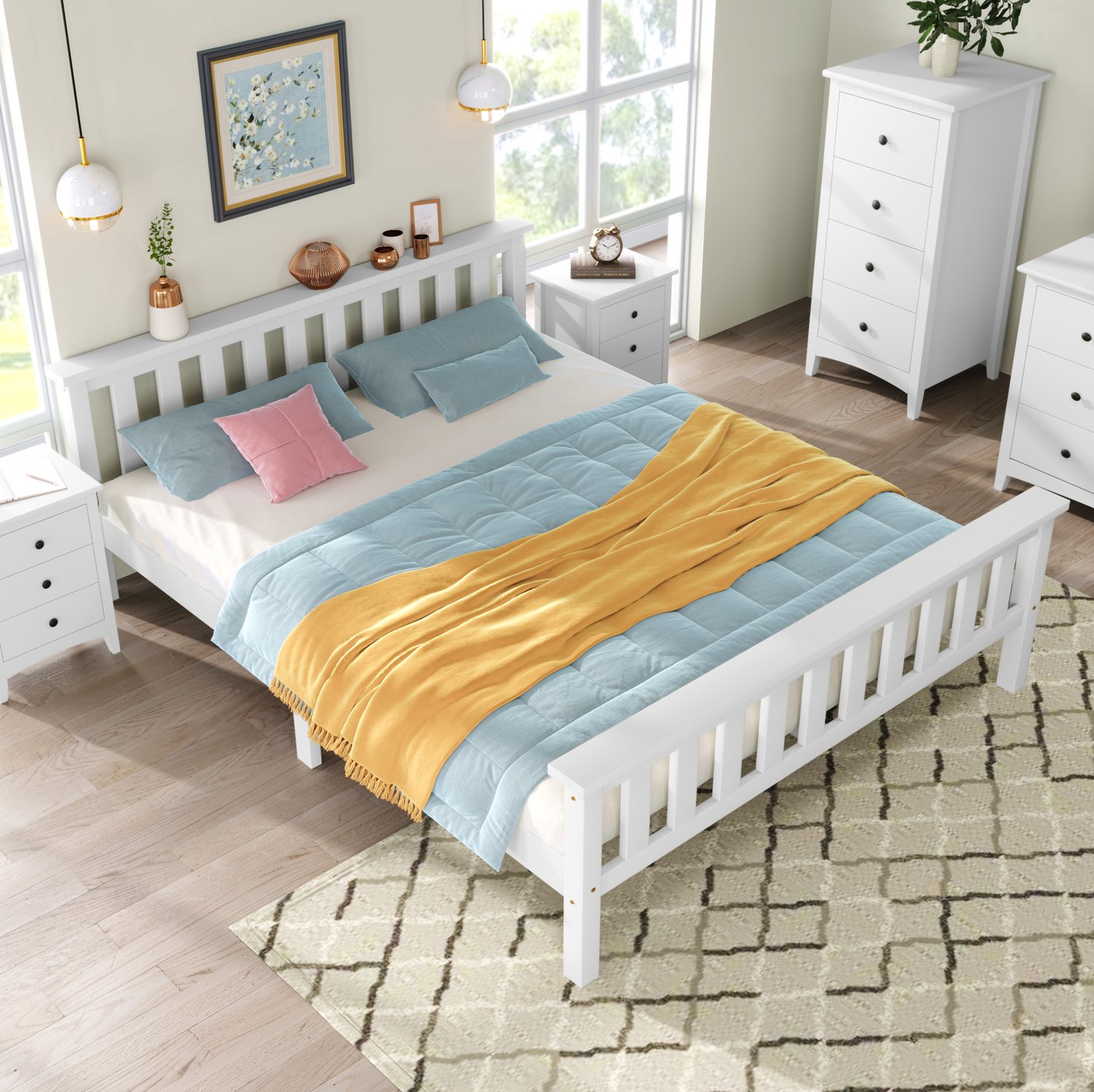 Tweepersoonsbed 140 x 200 cm met lattenbodem, hout en MDF, wit