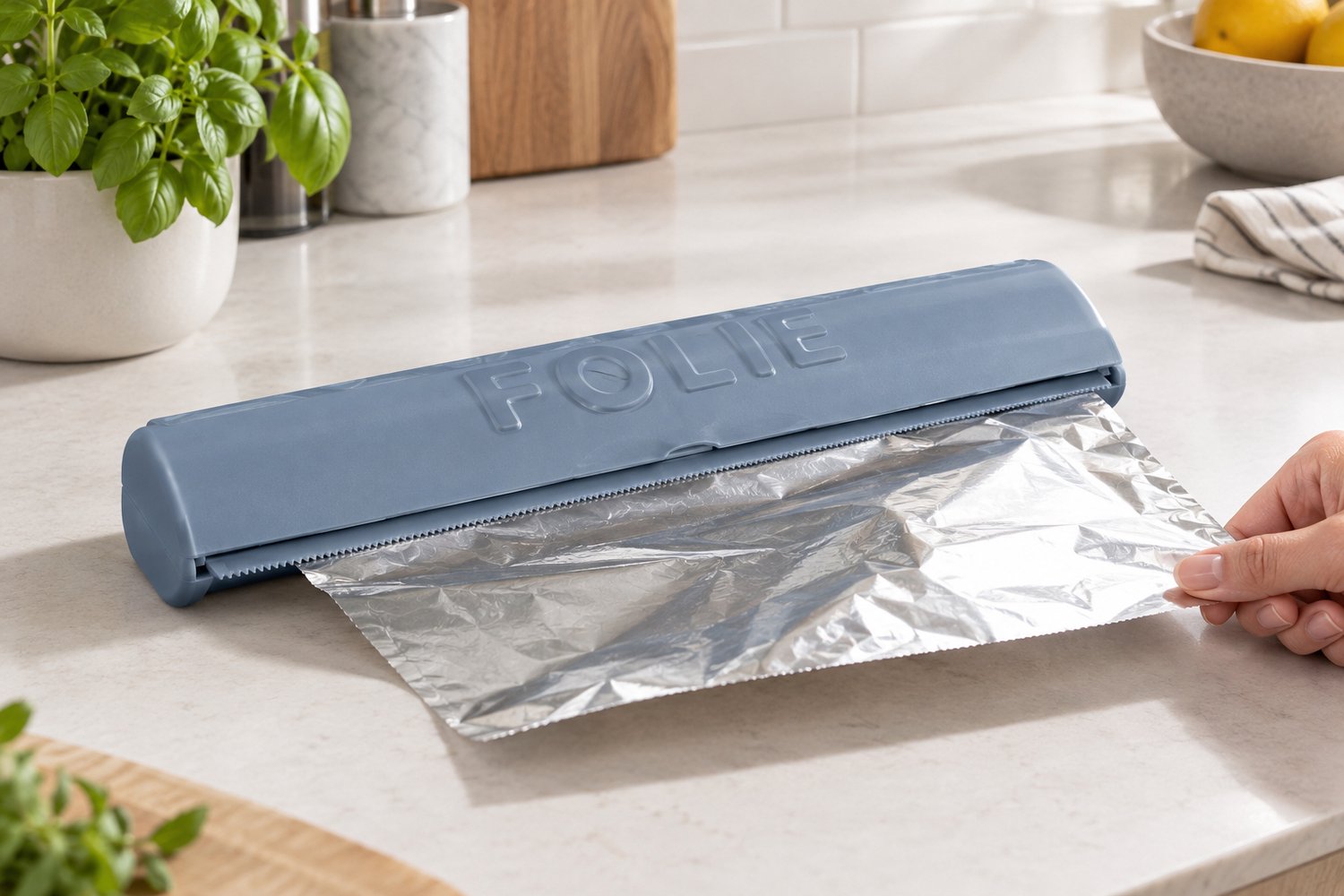 Foliehouder voor Aluminiumfolie, Vershoudfolie en Bakpapier – Met Snijrand – 33 cm – Assorti (Grijs, Blauw of Groen)