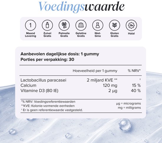 Voedingswaardetabel voor Novomins Kids Tummy Gummies met iconen voor glutenvrij en halal.