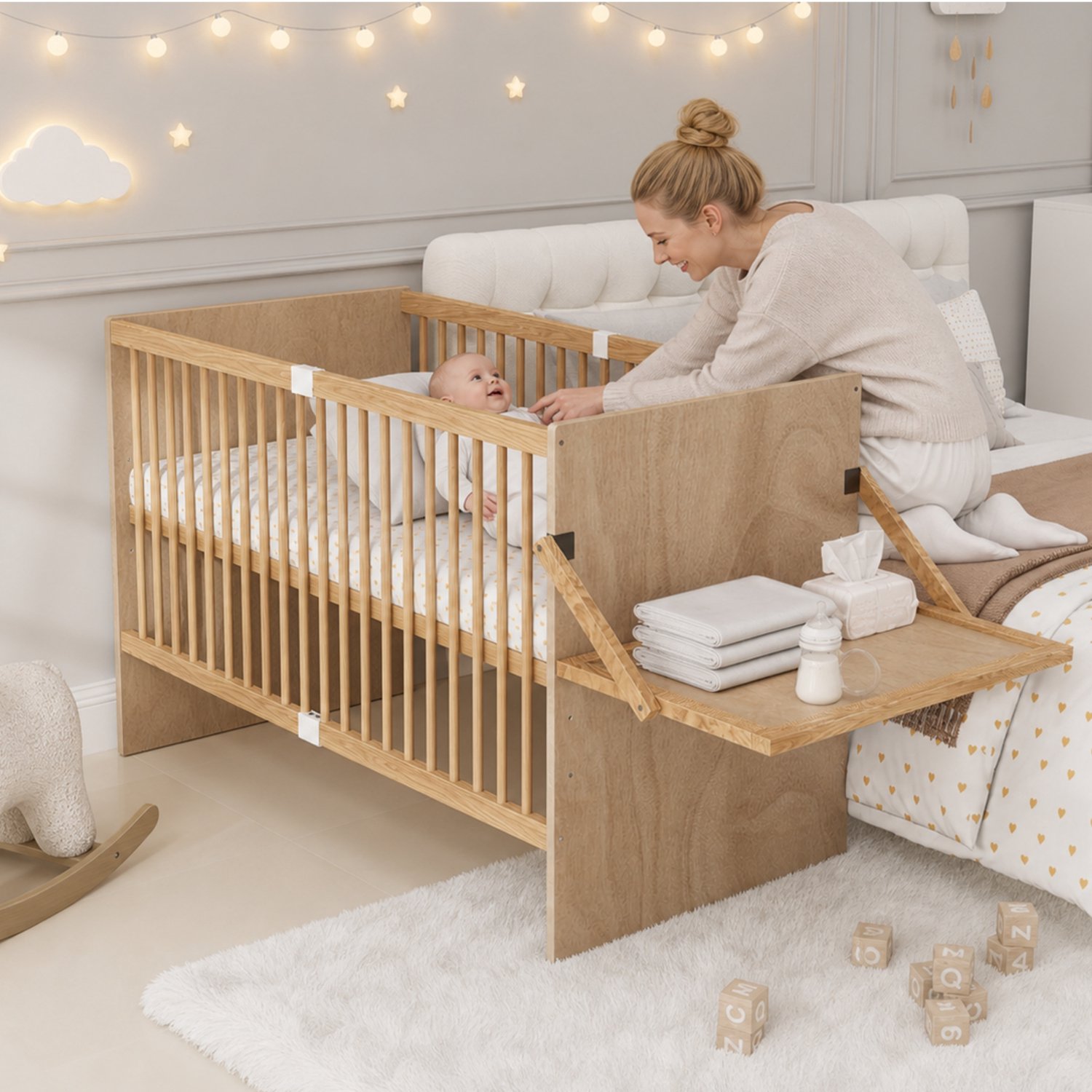 VVBV Baby bed / Ledikant / Baby ledikant 70x140 cm – Verschoonfunctie, In Hoogte Verstelbaar – voor Babykamer – Massief hout / Naturel
