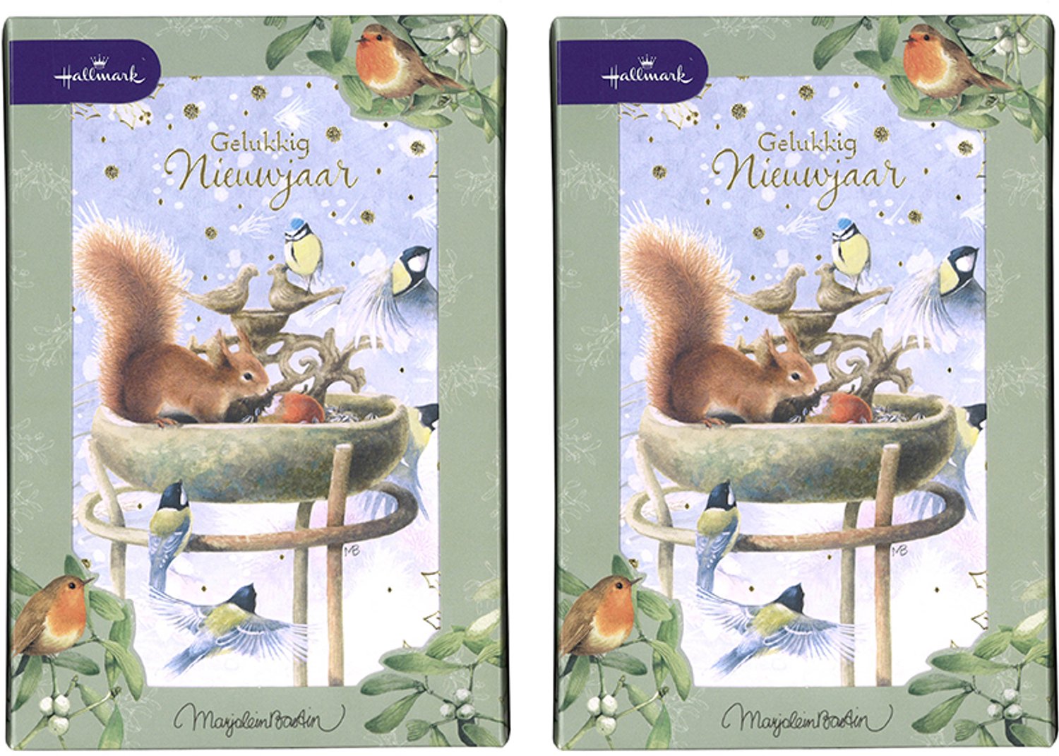 Hallmark - Marjolein Bastin - 20 Kerstkaarten - 2 doosjes - Eekhoorn en vogeltjes - Goudfolie - Kerst - Nieuwjaar - 12,5 x 18 cm