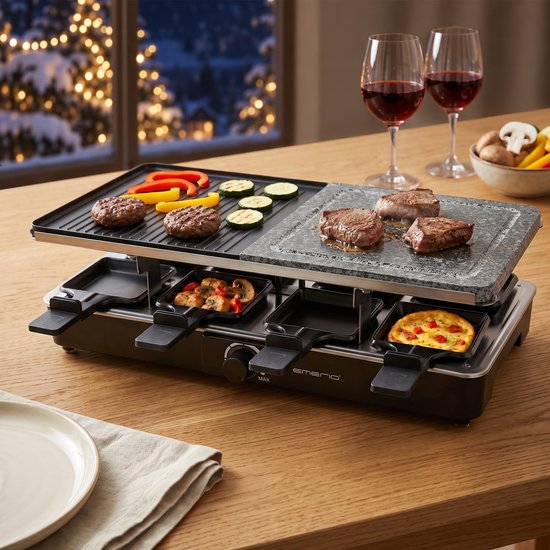 Emerio Gourmet-Steengrill - Raclettegrill - 1400W - 8 Personen - Indicatielampje - Regelbare thermostaat - Half Steengrill/Half Grillplaat - Incl. 8 Houten Spatels + Pannetjes - RG-110035 Zwart — afbeelding 4