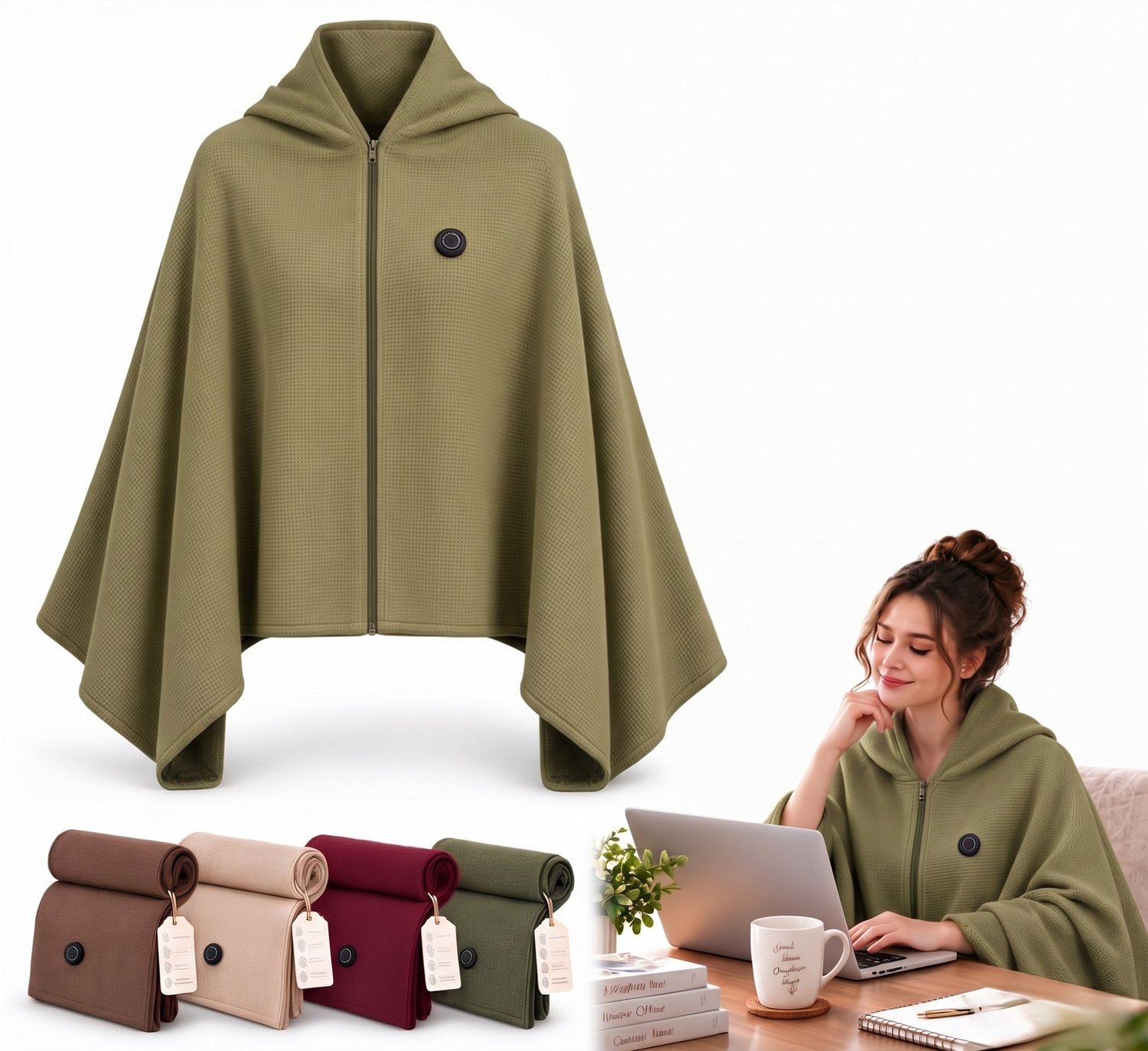 Elektrische deken - 150x80cm - Elektrische Cape met Rits - 8 Zones - 35-55°C - 3 Standen - Hoodie Deken - USB (Excl. Powerbank) - Voor Thuiswerken & Bank - Groen