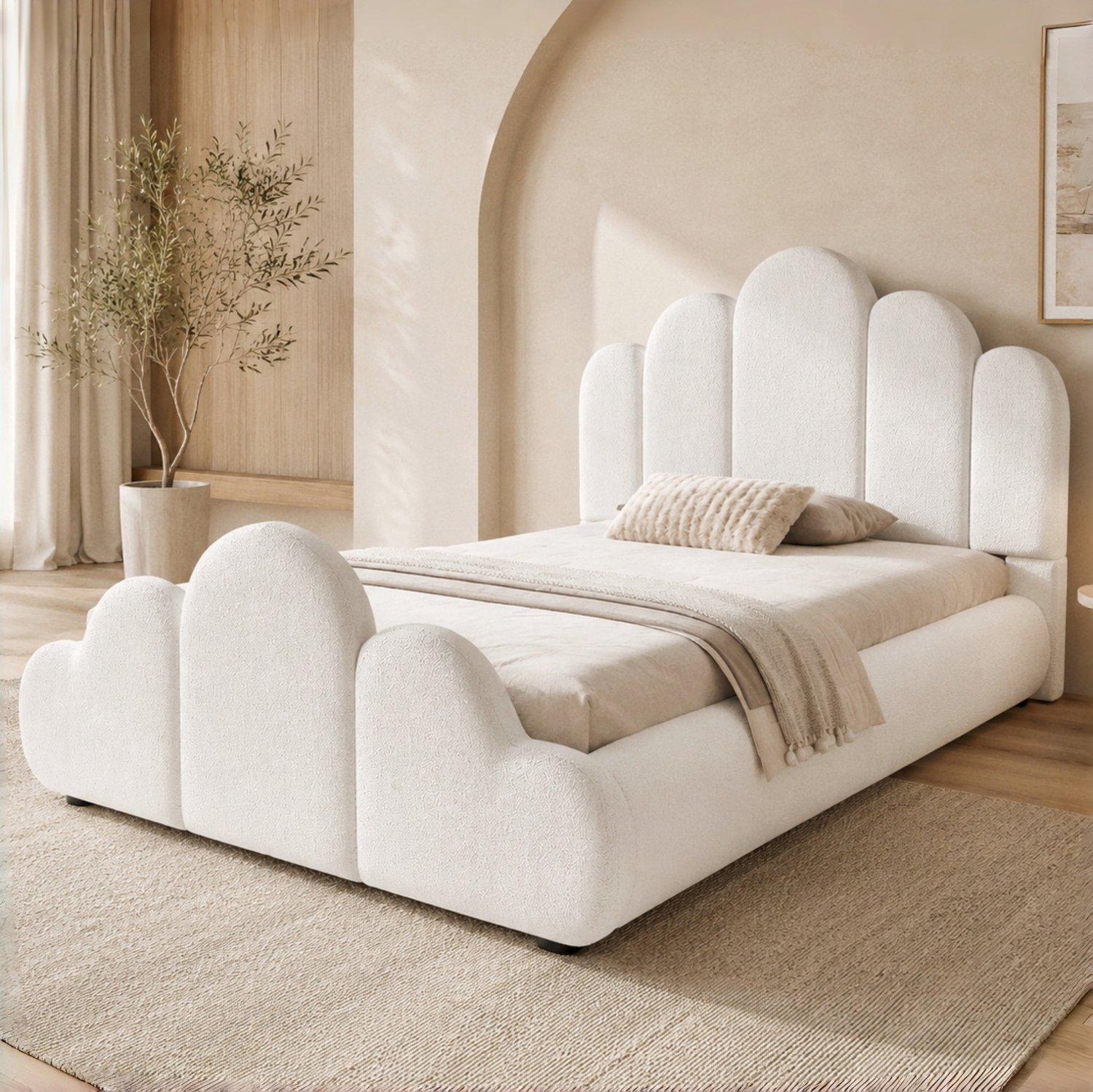 Maisentiel Kinderbed 90 x 200 cm – Bouclé bekleed met lattenbodem en ronde hoeken, beige