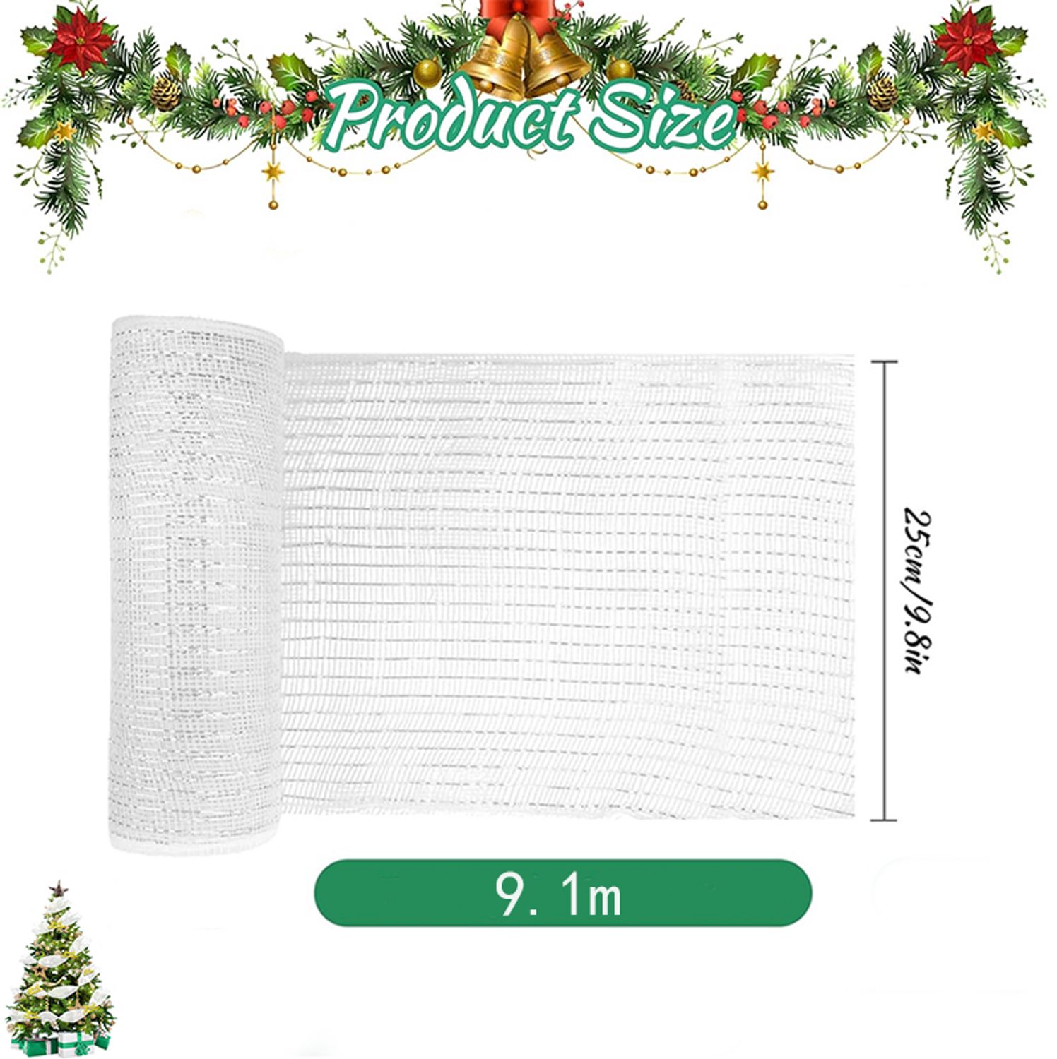 Kerstlint - 25 cm * 9,1 m - DIY Kerstboom mesh rol scène lay-out - mesh lint - Kerstdecoratie - Kerst mesh lint rol - feestdecoratie - mesh lintrol - vaak gebruikt voor het versieren van slingers, kerstbomen en geschenkverpakkingen - wit zilverdraad – foto 2