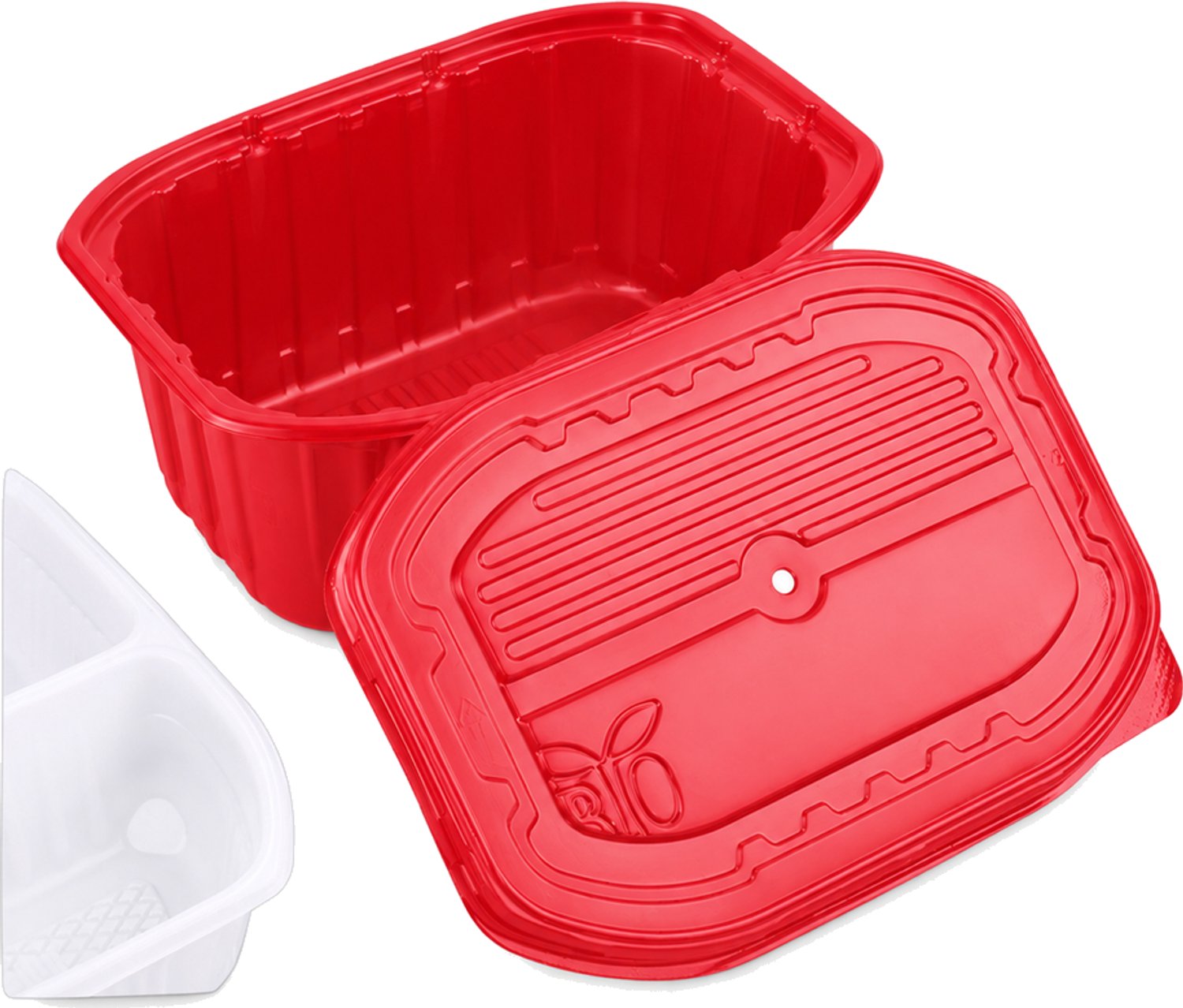 Wegwerp-broodtrommel met vakjes, rood, 650 ml, met deksel voor gebruik met een verwarmingspakket