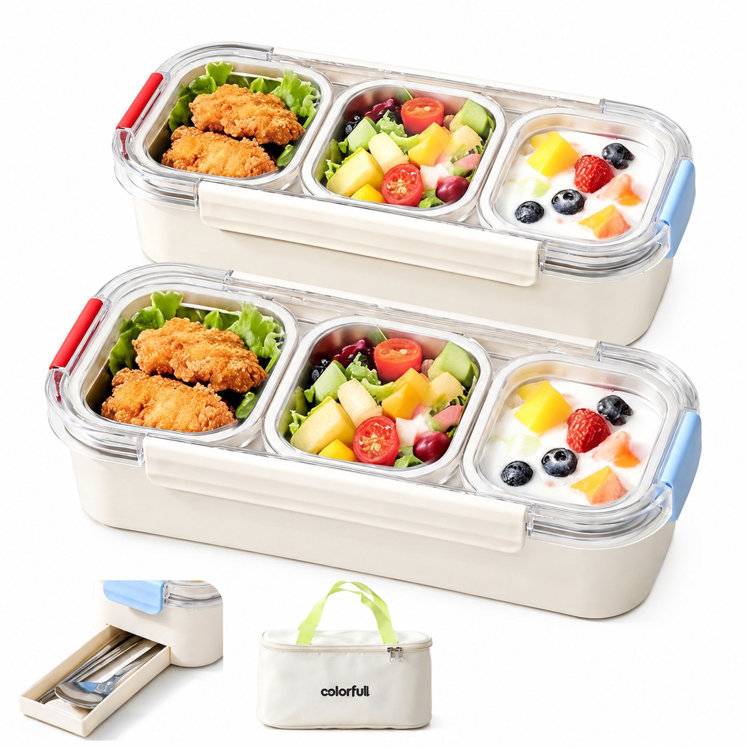 Broodtrommelset van 304 roestvrij staal, twee lunchboxen met elk drie vakken, bestek en thermische tas