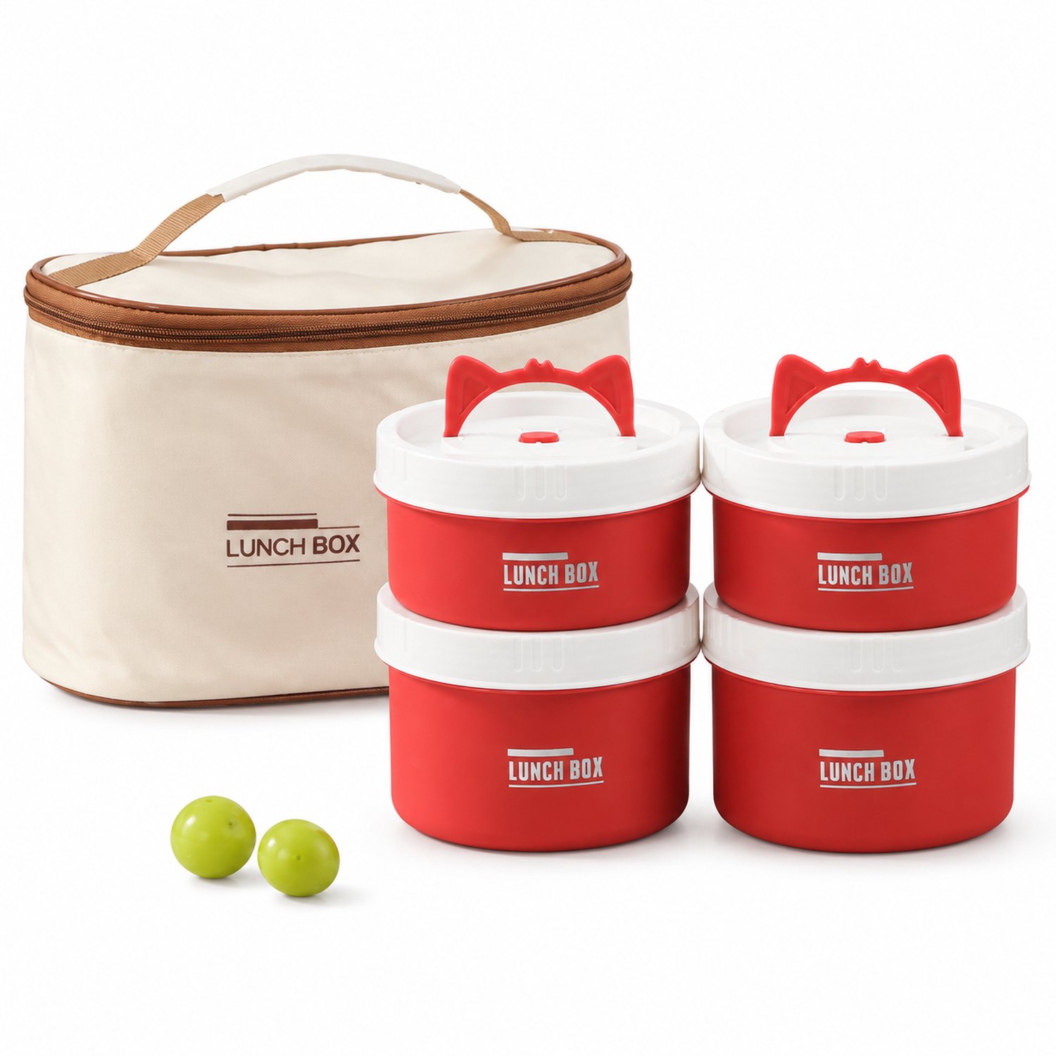 Broodtrommelset met 4 rode ronde lunchboxen van 304 roestvrij staal, met vakindeling, tas en bestek