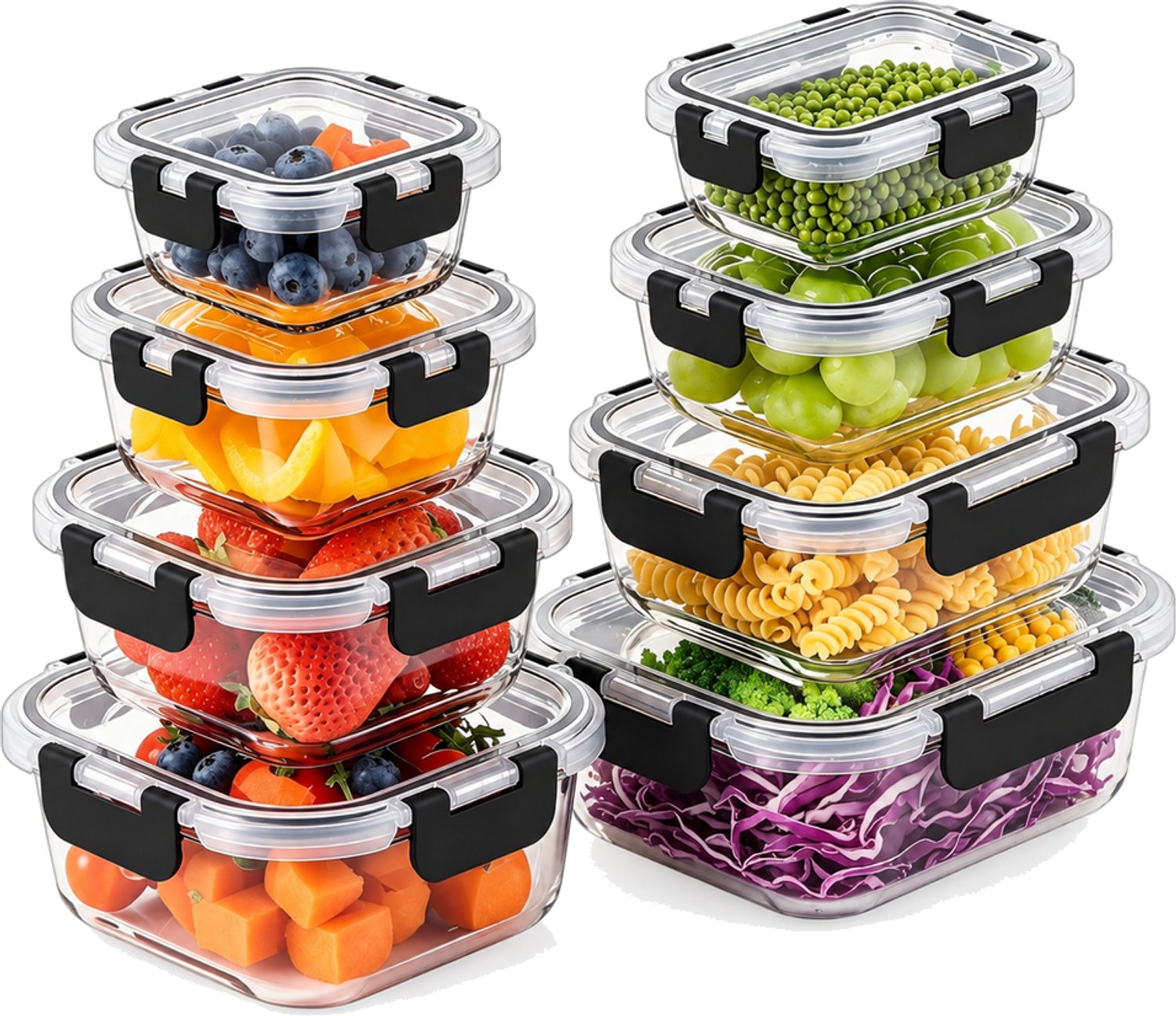 Broodtrommelset van borosilicaatglas, 8-delig, met zwarte clips en deksels