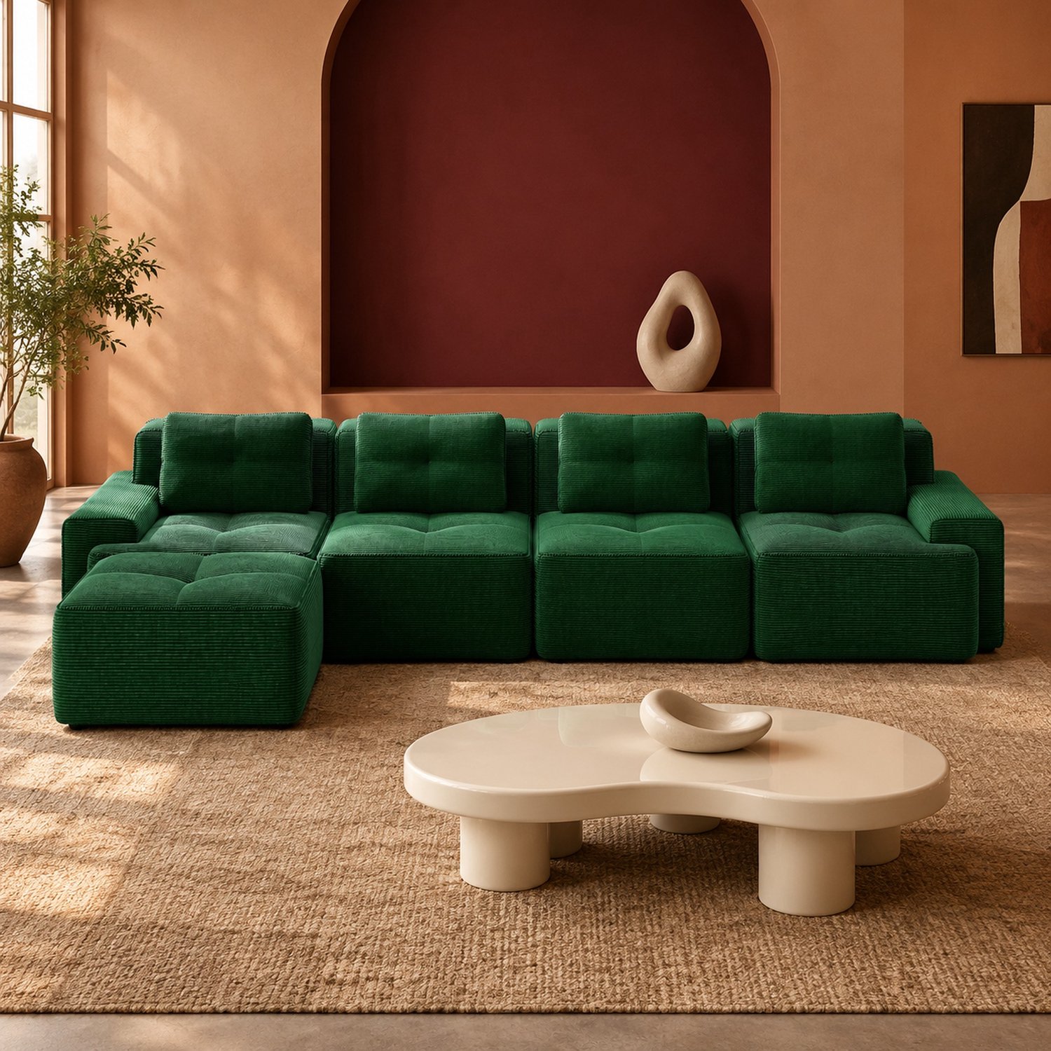 WUVRIE Modulaire hoekbank 382x177 cm - L-vormige chaise longue, 4-zits - Groen corduroy