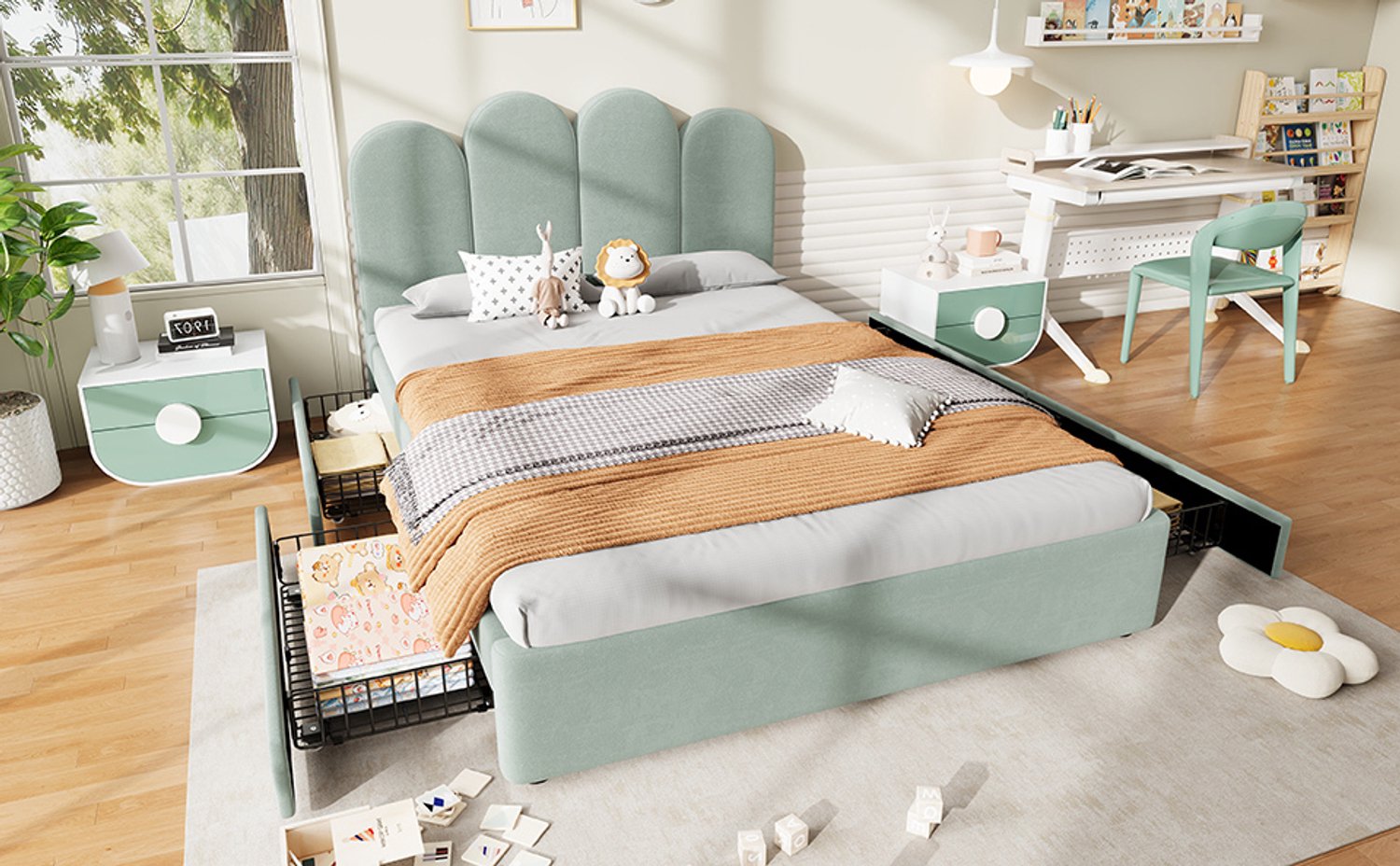 DESMIU Gestoffeerd Bed 140 x 200 cm – Tweepersoonsbed Met 4 Laden – Gebogen Fluwelen Hoofdbord – Met Lattenbodem – Zonder Matras – Lichtgroen