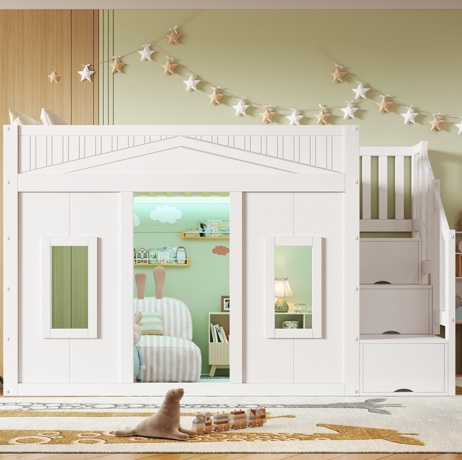 MODENUIT Hoogslaper Kinderbed Met Opbergtrap – 90 x 200 cm – MDF En Hout – Wit – Ledverlichting Met Raamontwerp