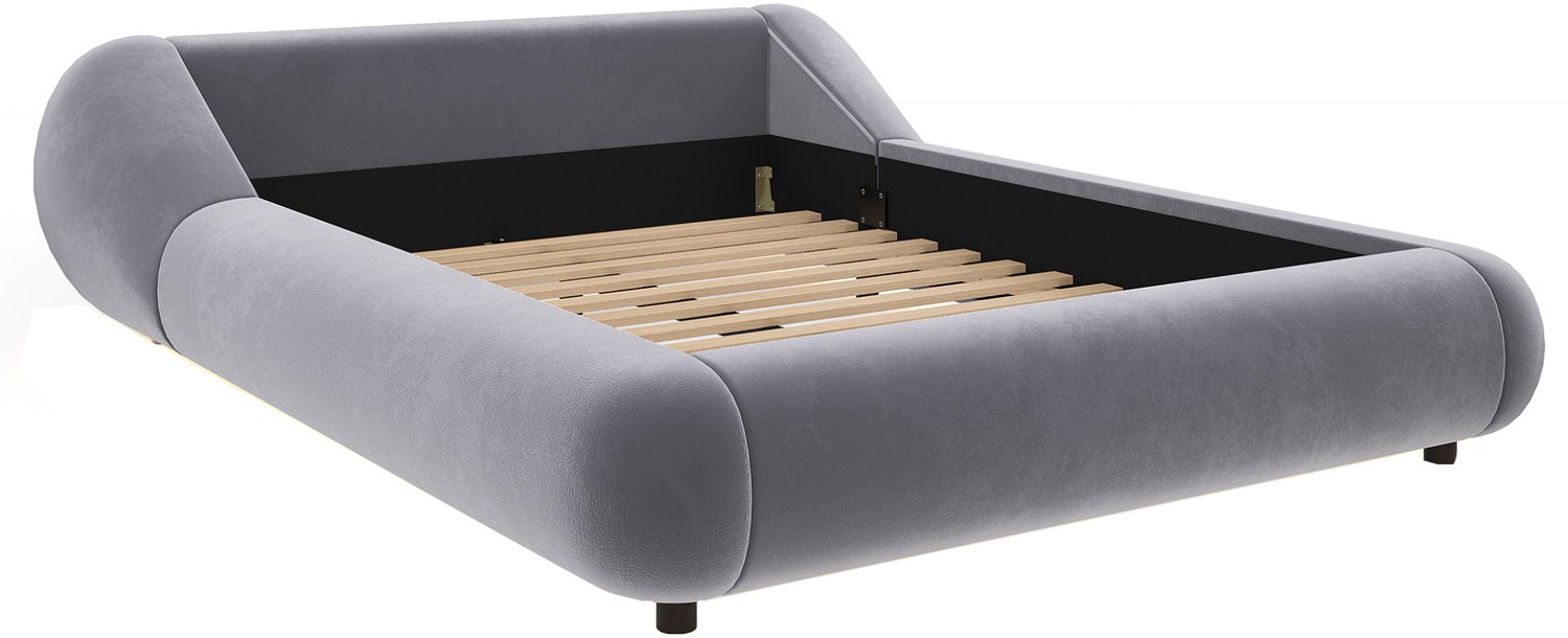 DESMIU Gestoffeerd Bed 140 x 200 cm – Zwevend Bed Met Ledverlichting – Gebogen Hoofdbord – Velours – Grijs – Zonder Matras