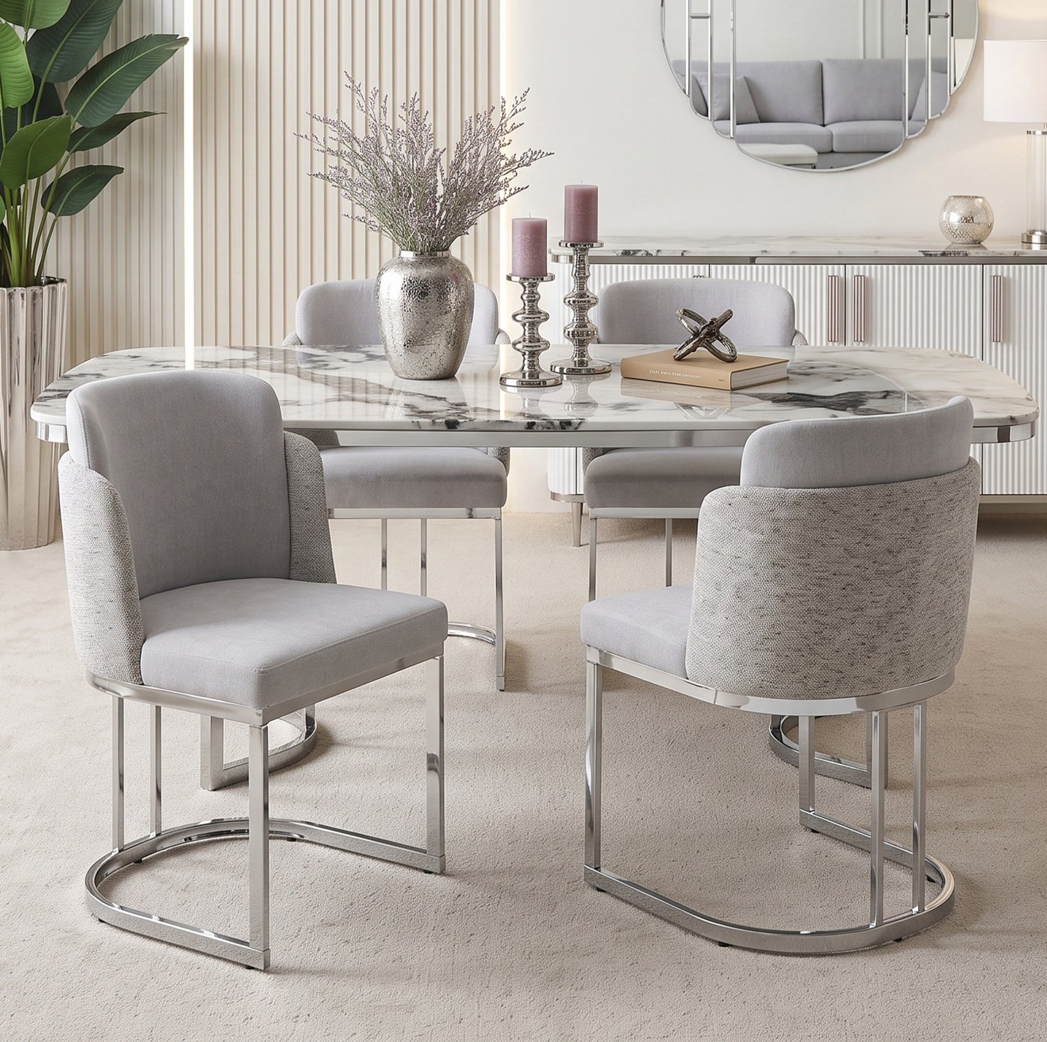 CHICFURN Eetkamerstoel - Chenille - Met armleuningen - Lichtgrijs zilver