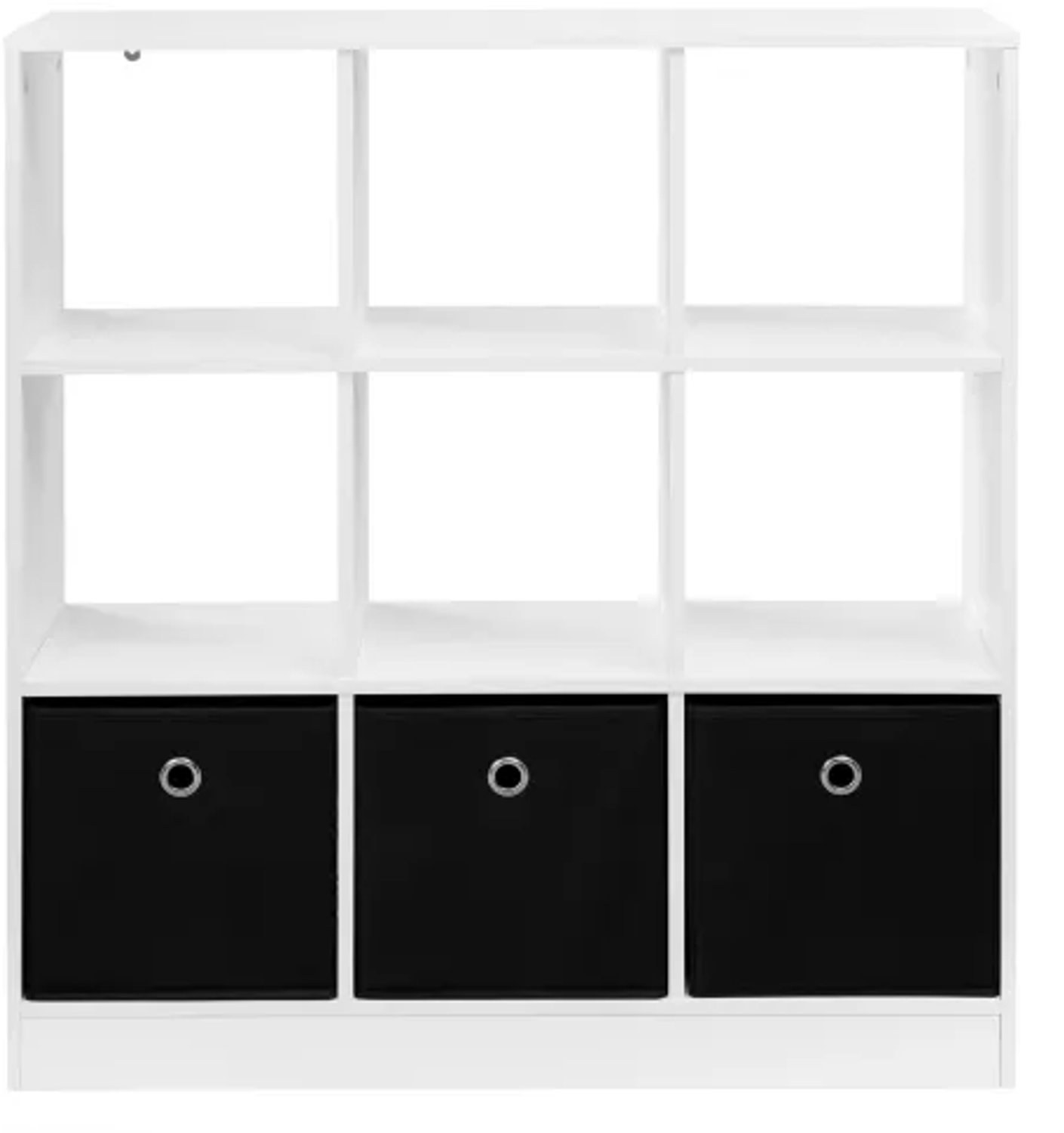 Kubusrek met 9 vakken en 3 stoffen lades, wit boekenrek met zwarte dozen, 80 × 30 × 86,5 cm