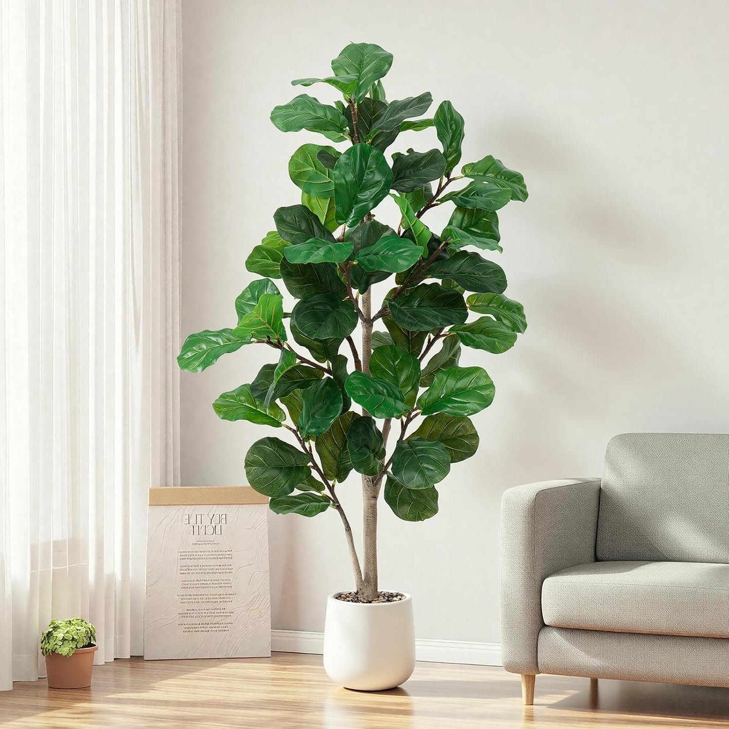 Kunstplant Fiddle Ficusboom 150 cm - met witte pot en sierkiezels - realistisch design - perfect voor decoratie - m-winkel