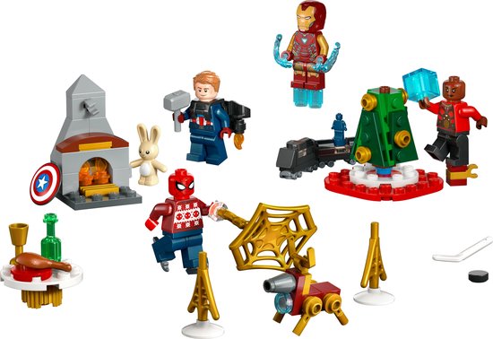 LEGO Marvel Avengers minifiguren en accessoires, waaronder Iron Man, Captain America en Spider-Man.