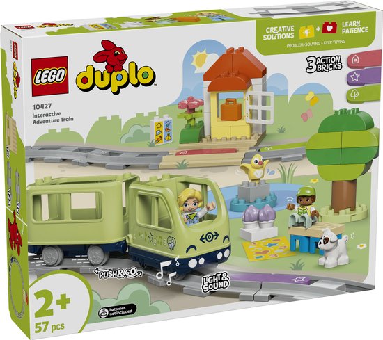 Verpakking van LEGO DUPLO Interactieve avonturentrein 10427 met 57 onderdelen, afgebeeld in een 3D-perspectief.