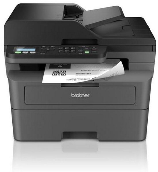 Zwarte Brother multifunctionele laserprinter met een papierlade, bedieningspaneel en een vel papier in de uitvoer.