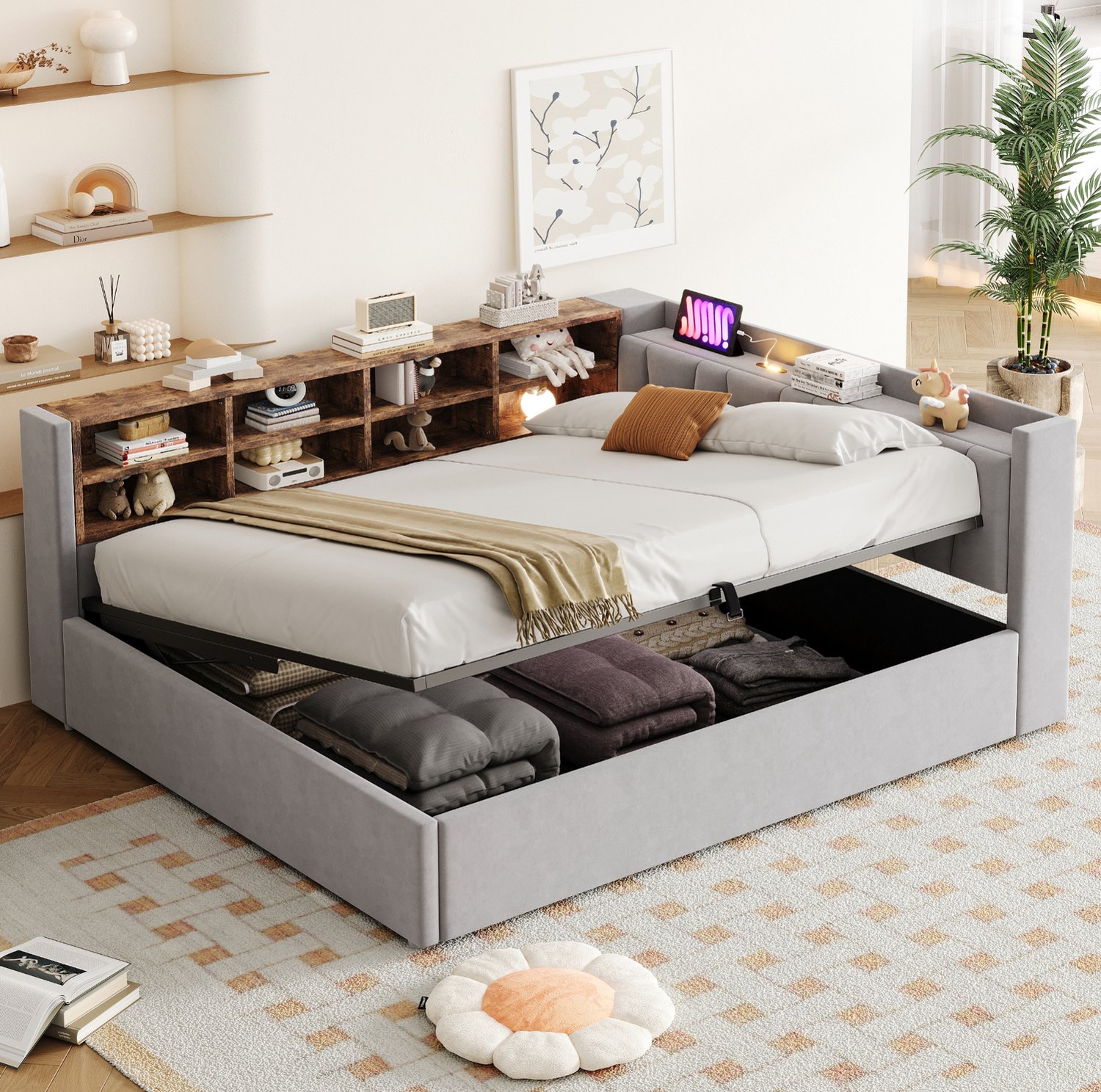 COVREO Bedbank met opbergruimte – 140x200 cm – Slaapbank met USB en nachtlamp – Bed voor logeerkamer – Lichtgrijs - zonder matras