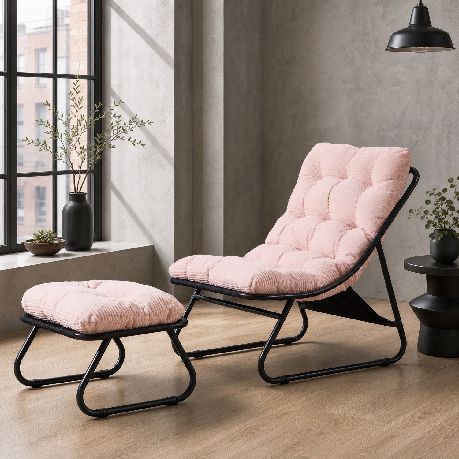 CHICFURN Fauteuil - Met hocker - Stalen frame - Roze