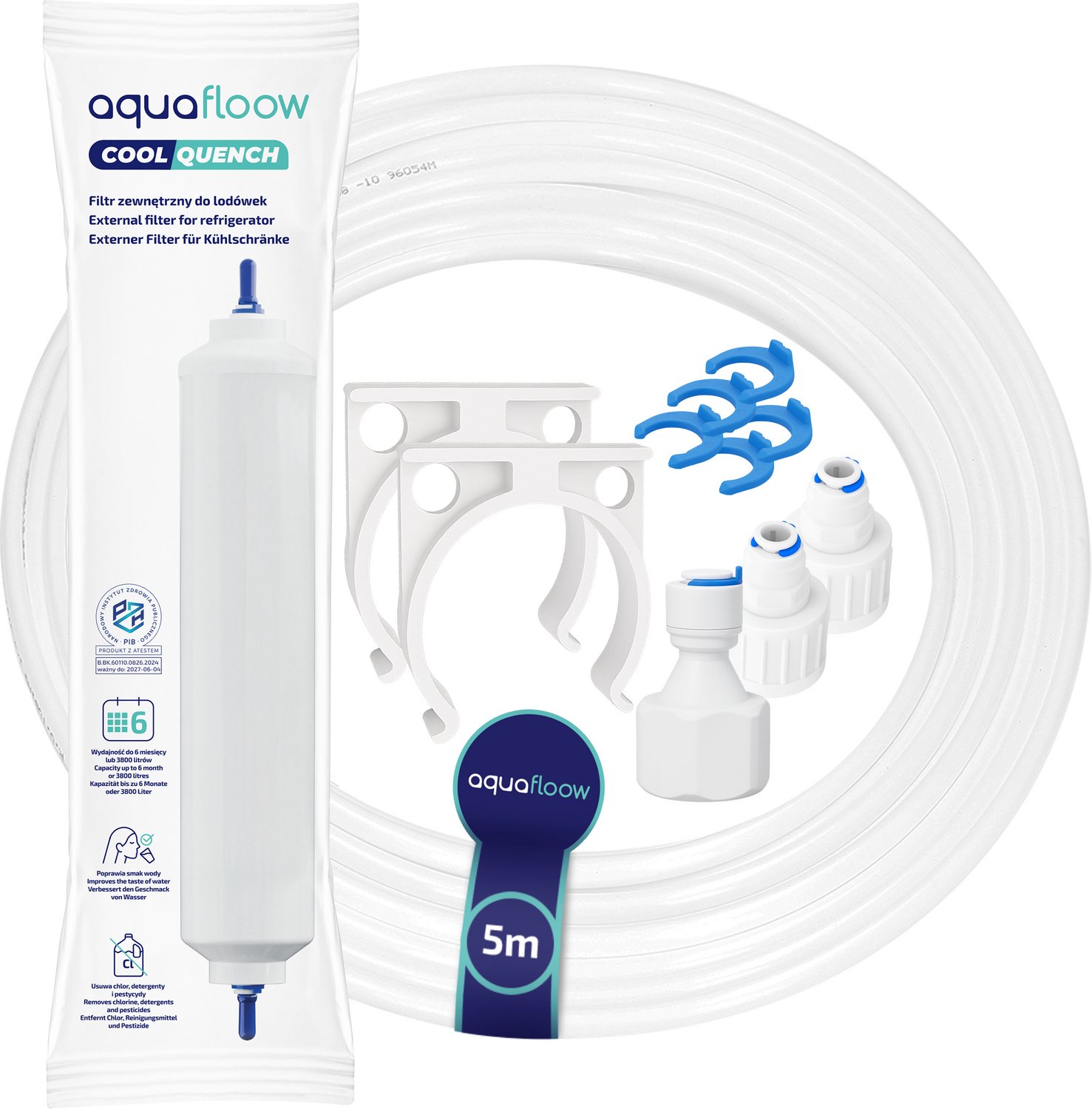 Aquafloow Set onderdelen voor Amerikaanse Side-by-Side Koelkasten - universeel waterfilter, waterslang, verloopstuk, montagebeugels - compatibel met Samsung, Bosch, LG, Siemens koelkasten