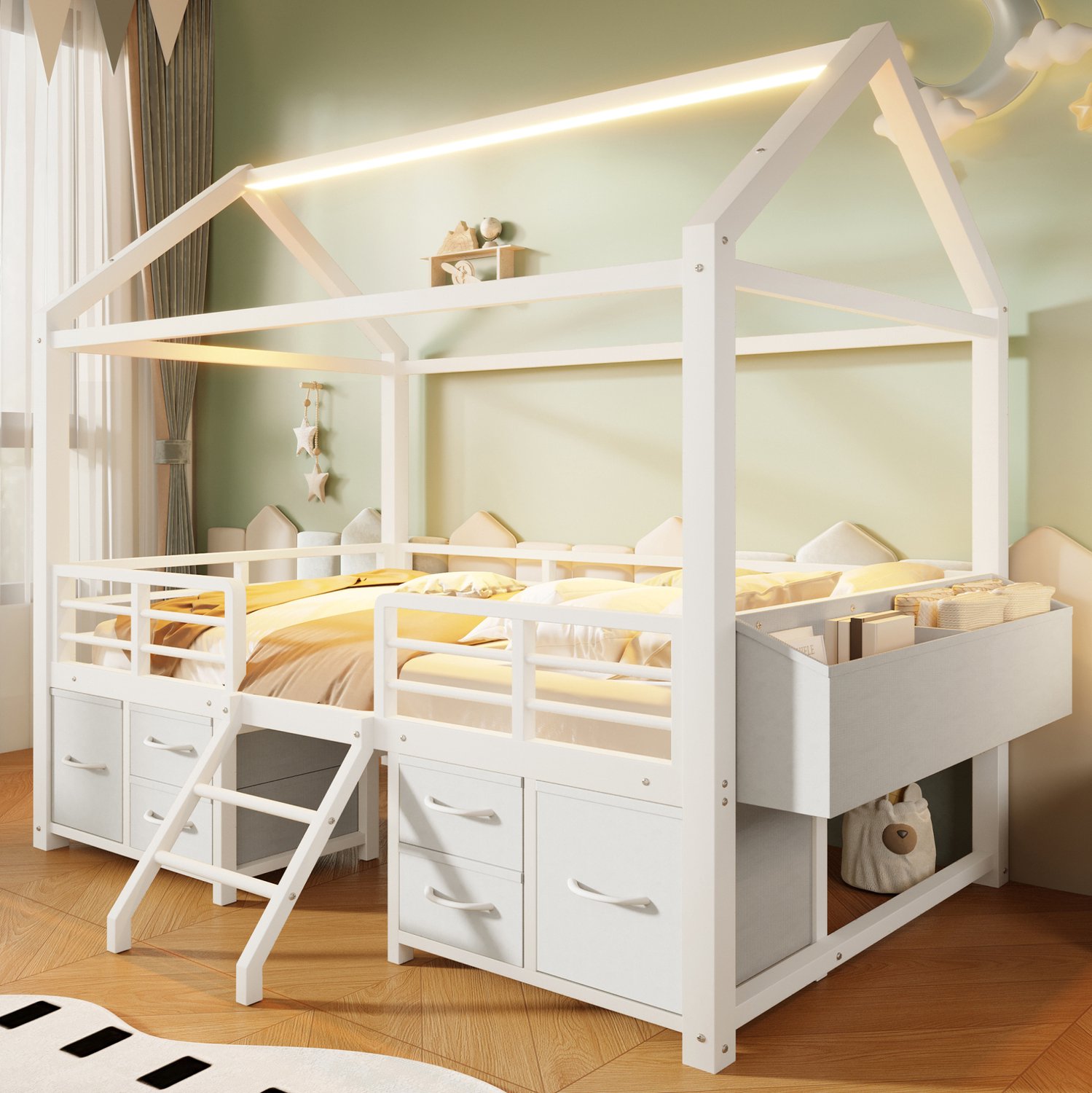 MIVRAY Hoogslaper 90 x 200 cm - Kinderbed Met Huisdak En Ledverlichting Met Opbergladen - Zonder Matras - Metaal En MDF - Wit