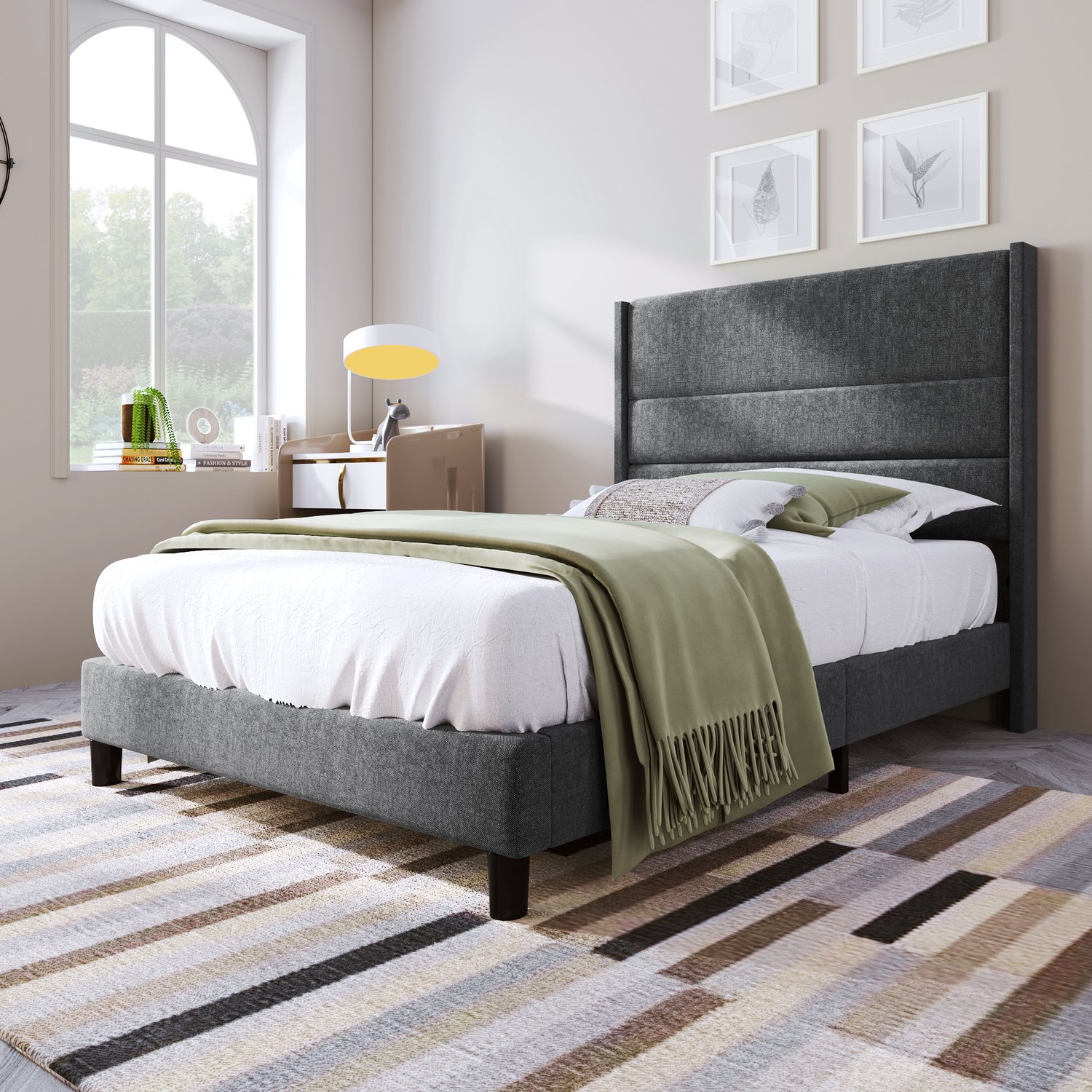 Gestoffeerd eenpersoonsbed 90 x 200 cm – lattenbodem, stoffen hoofdbord, grijs