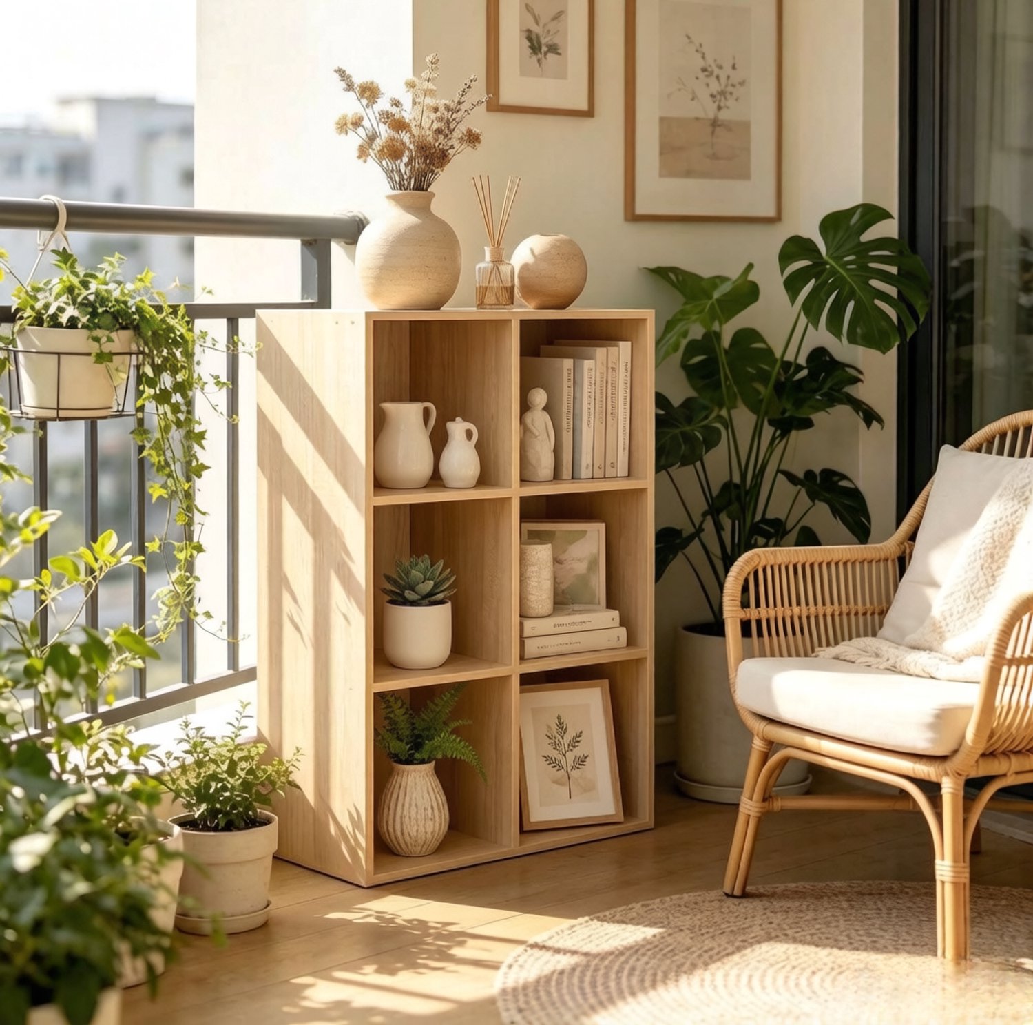 WUVRIE Open vakkenkast 59,6 x 89 x 29 cm - 6 vakken, flexibel plaatsbaar - Eiken