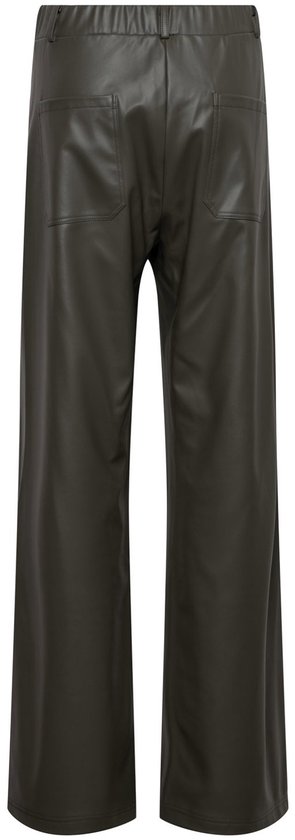 Achterzijde van een donkergroene broek met wijde pijpen, elastische tailleband en achterzakken.