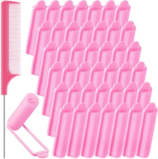 Roze sponsrollers en een bijpassende staartkam en haak.
