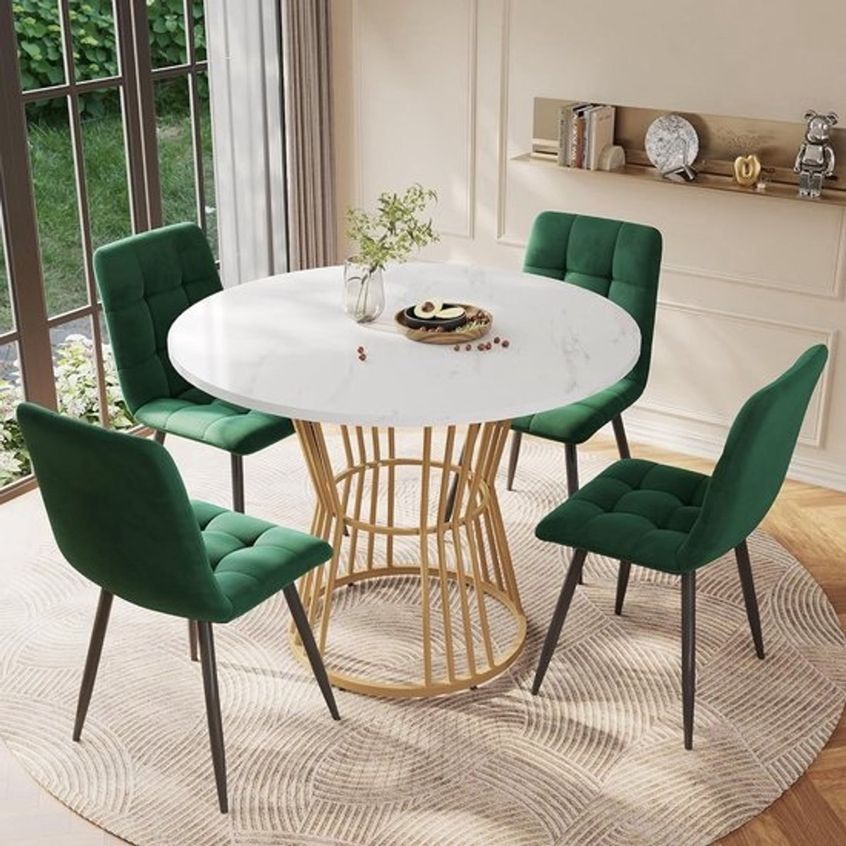 Ronde eetkamerset - 4 stoelen en tafel - 100 cm diameter, MDF wit met gouden metalen poten