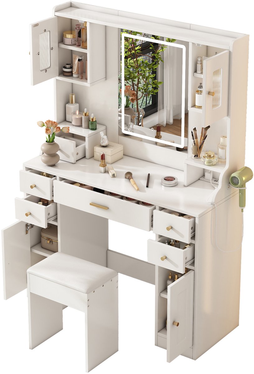 Kaptafel Met Spiegel En Ledverlichting - 6 Lades En 4 Deuren - Make-up Tafel Met Stopcontacten - Voor Slaapkamer - Wit Spaanplaat 105 x 40 x 152 cm