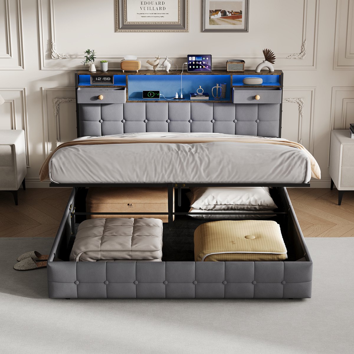 Tweepersoons opbergbed 160x200 cm - Grijs - Hydraulisch Bedframe met Ruime Opbergruimte, Hoofdbord met 2 Lades, RGB LED-Verlichting, USB & Type-C Oplaadpoorten thumbnail 4